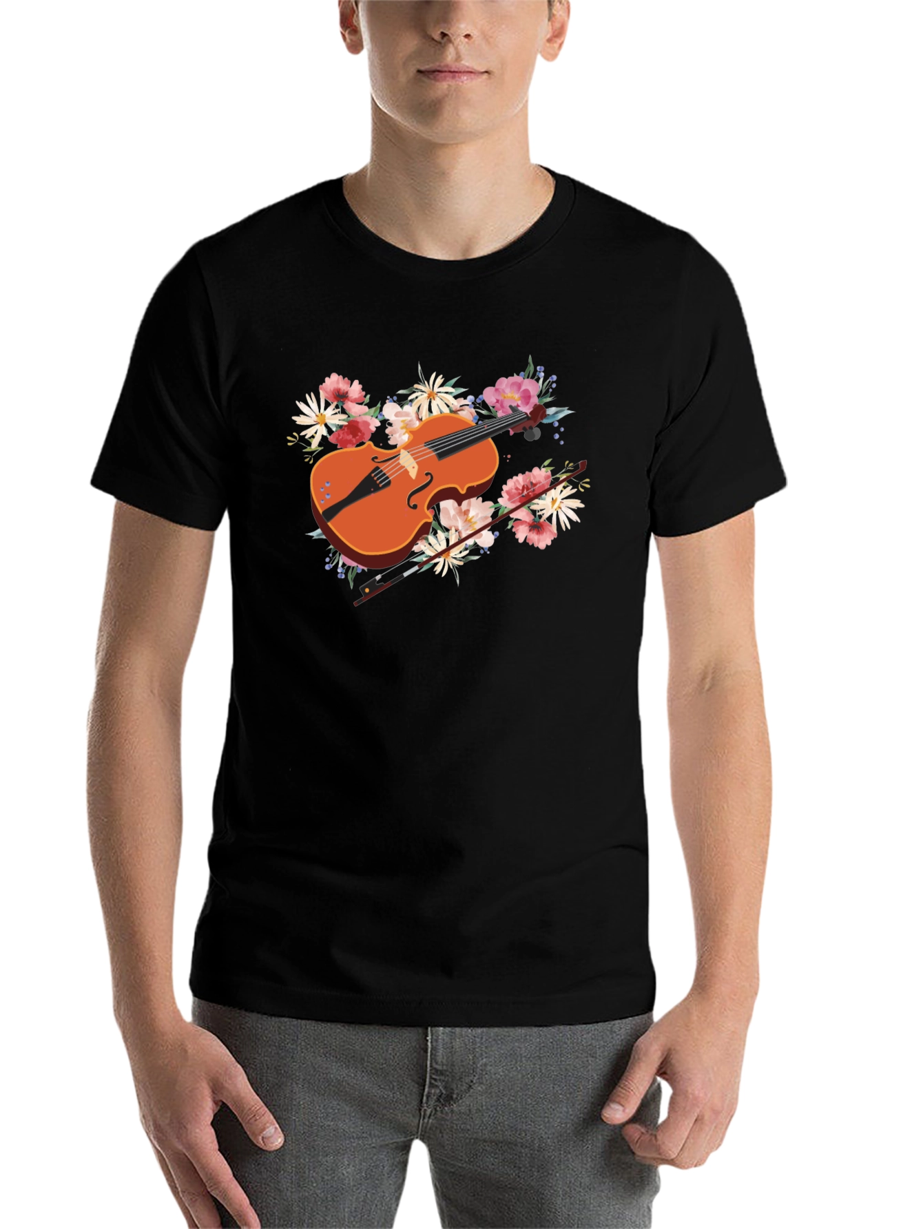 Black Floral Violin Graphic Tee - Stylish Music Lover's Shirt view 7