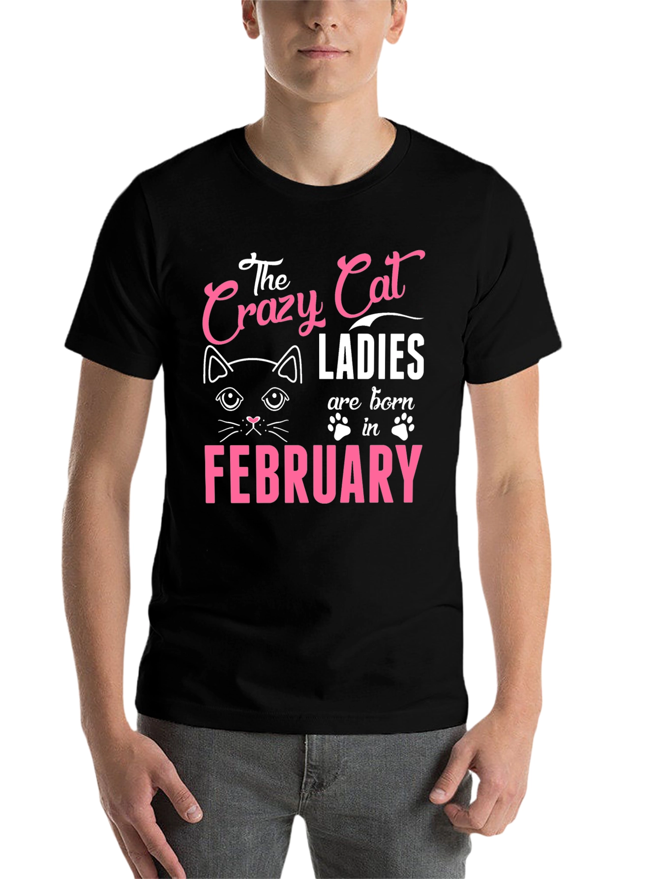 Black Crazy Cat Ladies Born in February T-Shirt view 7