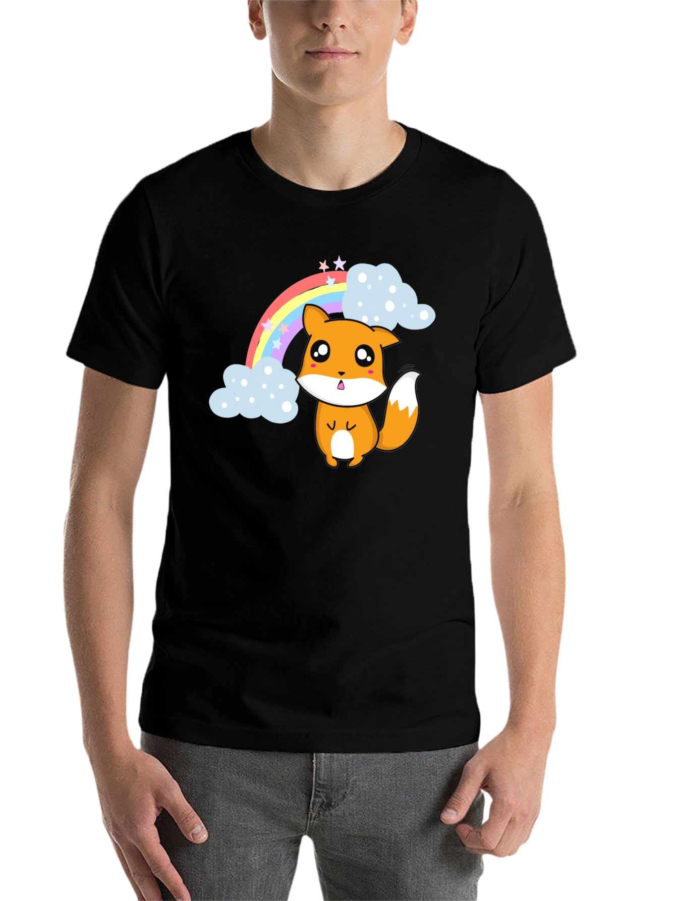 Black Kawaii Fox Rainbow T-Shirt - Cute & Comfy view 7