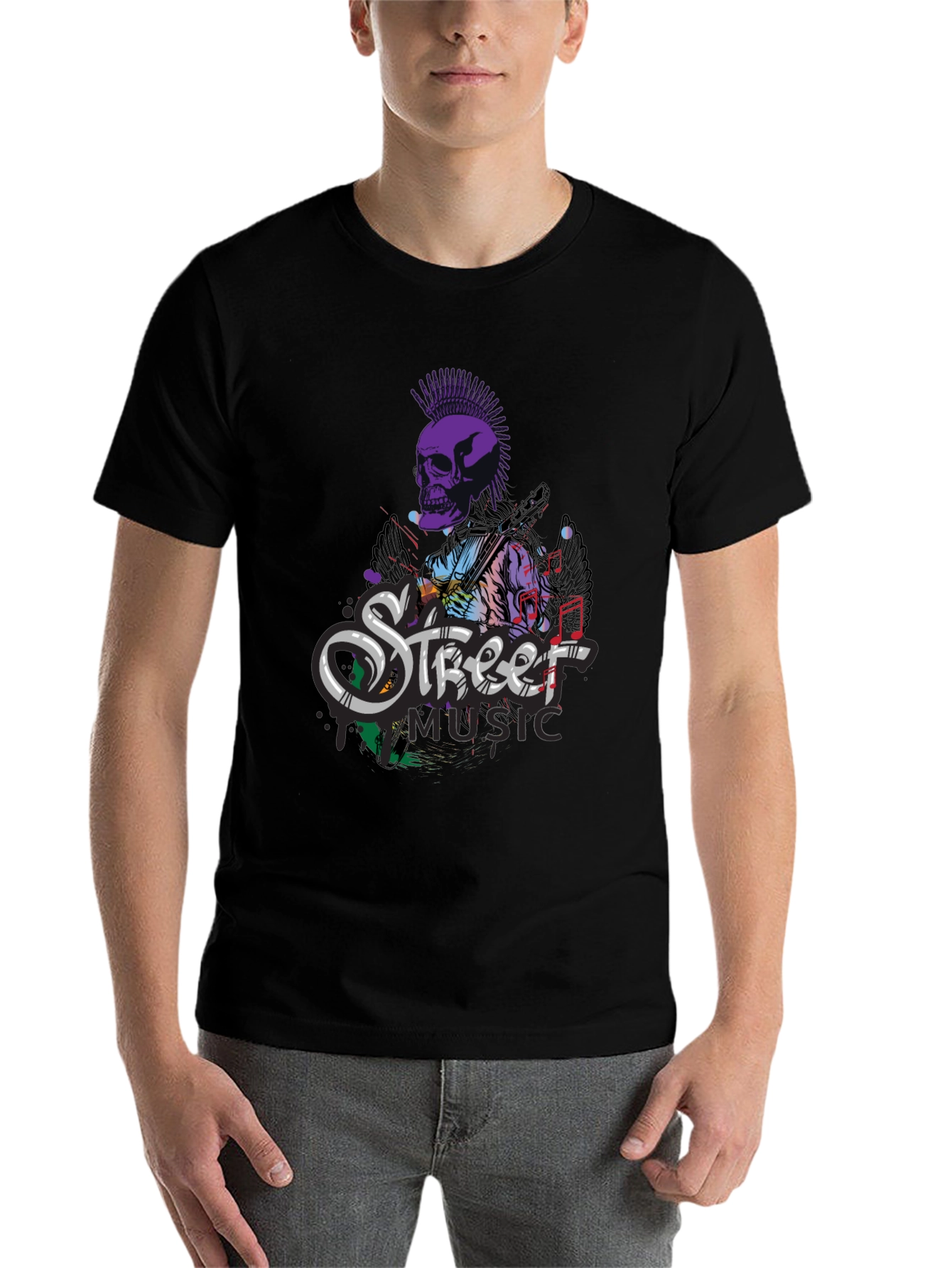 Black Street Music Skull Graphic Tee - Black Cotton T-Shirt view 7