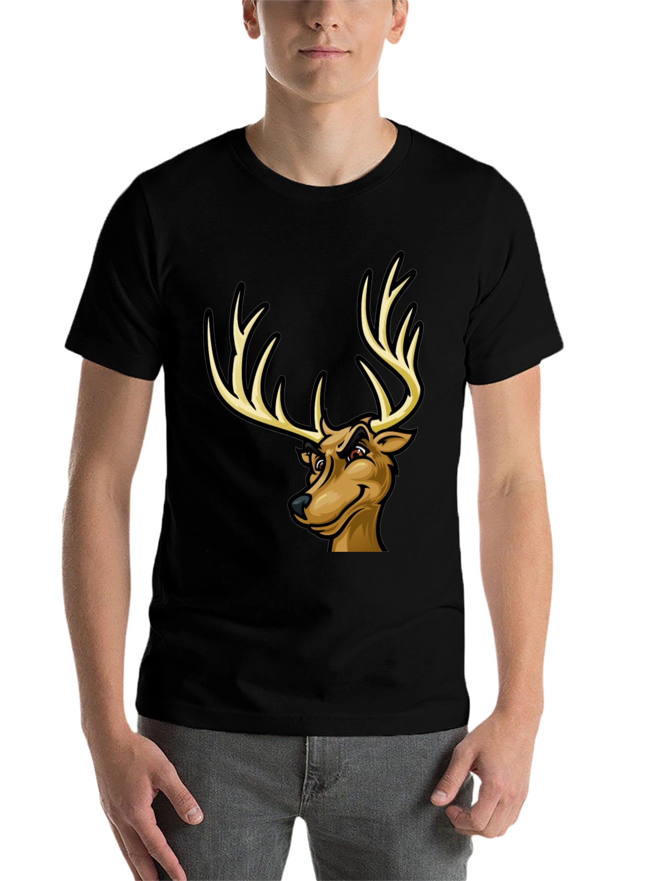 Black Men's Black T-Shirt with Cartoon Deer Graphic view 7
