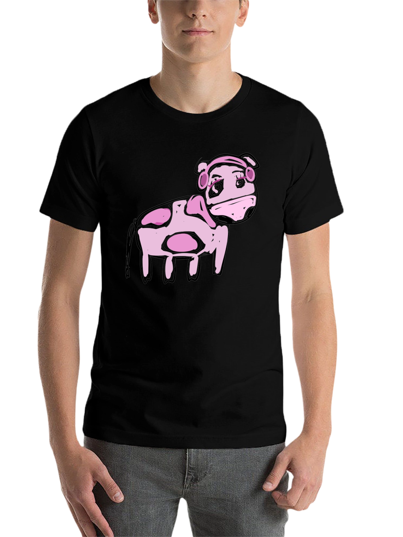 Black Cartoon Pink Cow Black T-Shirt view 7