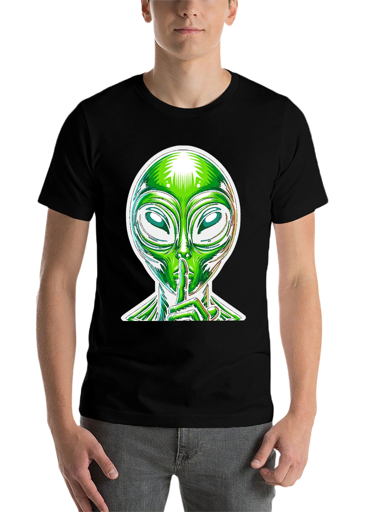 Black Alien Shhh Graphic Tee - Black Cotton Blend Shirt view 7