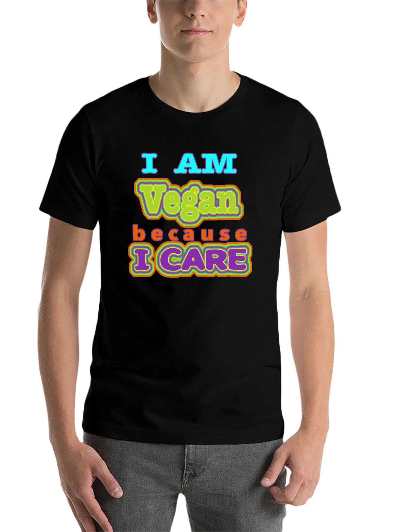 Black I AM Vegan Because I CARE Black T-Shirt view 7