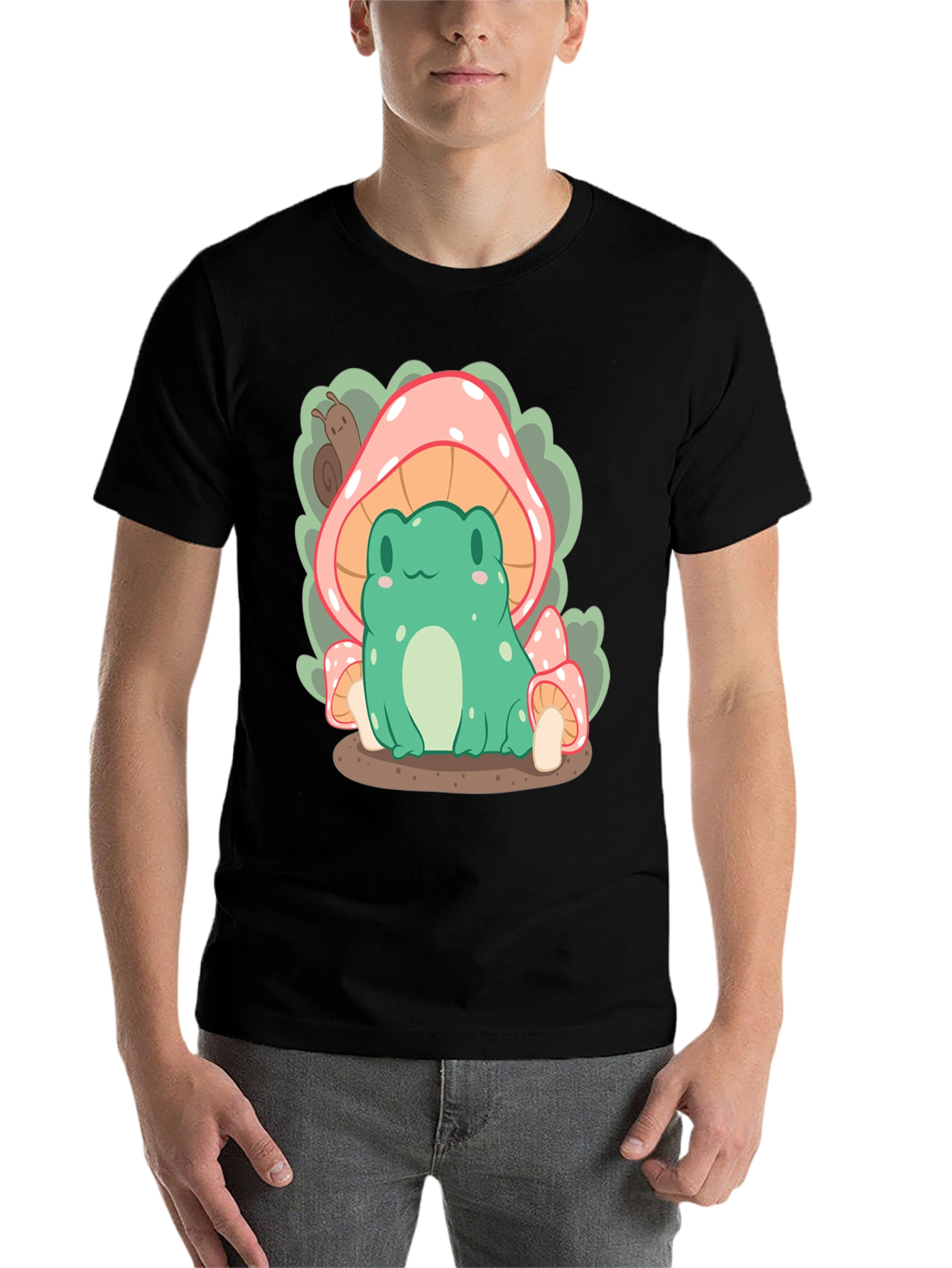 Black Cute Frog Under Mushroom T-Shirt view 7