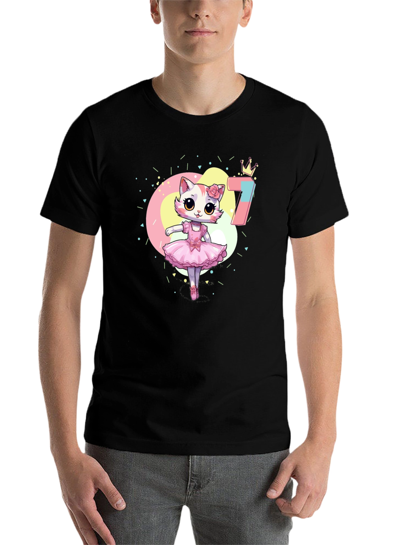 Black Cute Ballerina Cat 7th Birthday Black T-Shirt view 7