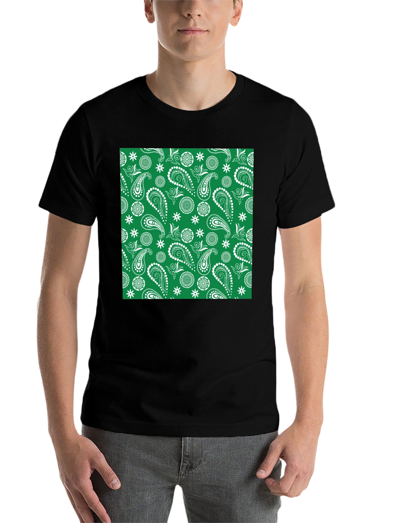Black Green Paisley Pattern Tee - Casual Comfort view 7