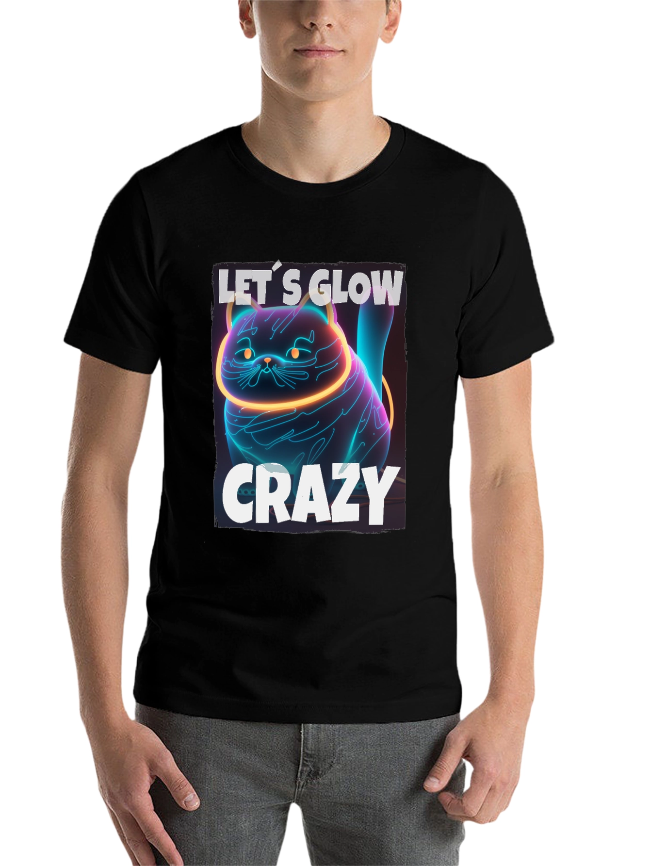 Black Let's Glow Crazy Cat Graphic T-Shirt - Neon Style view 7