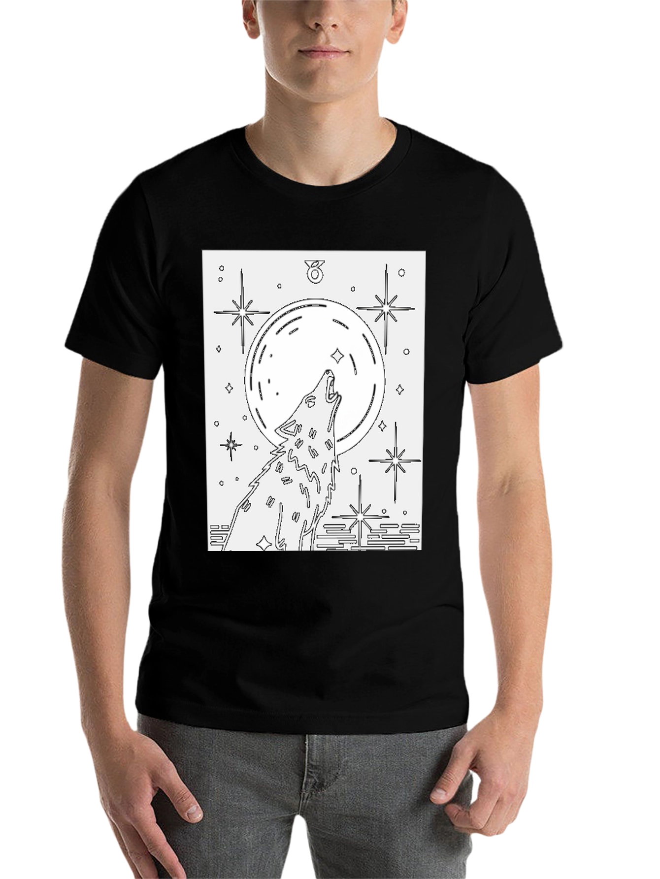 Black Wolf Moon Graphic Tee - Unisex Black Cotton T-Shirt view 7