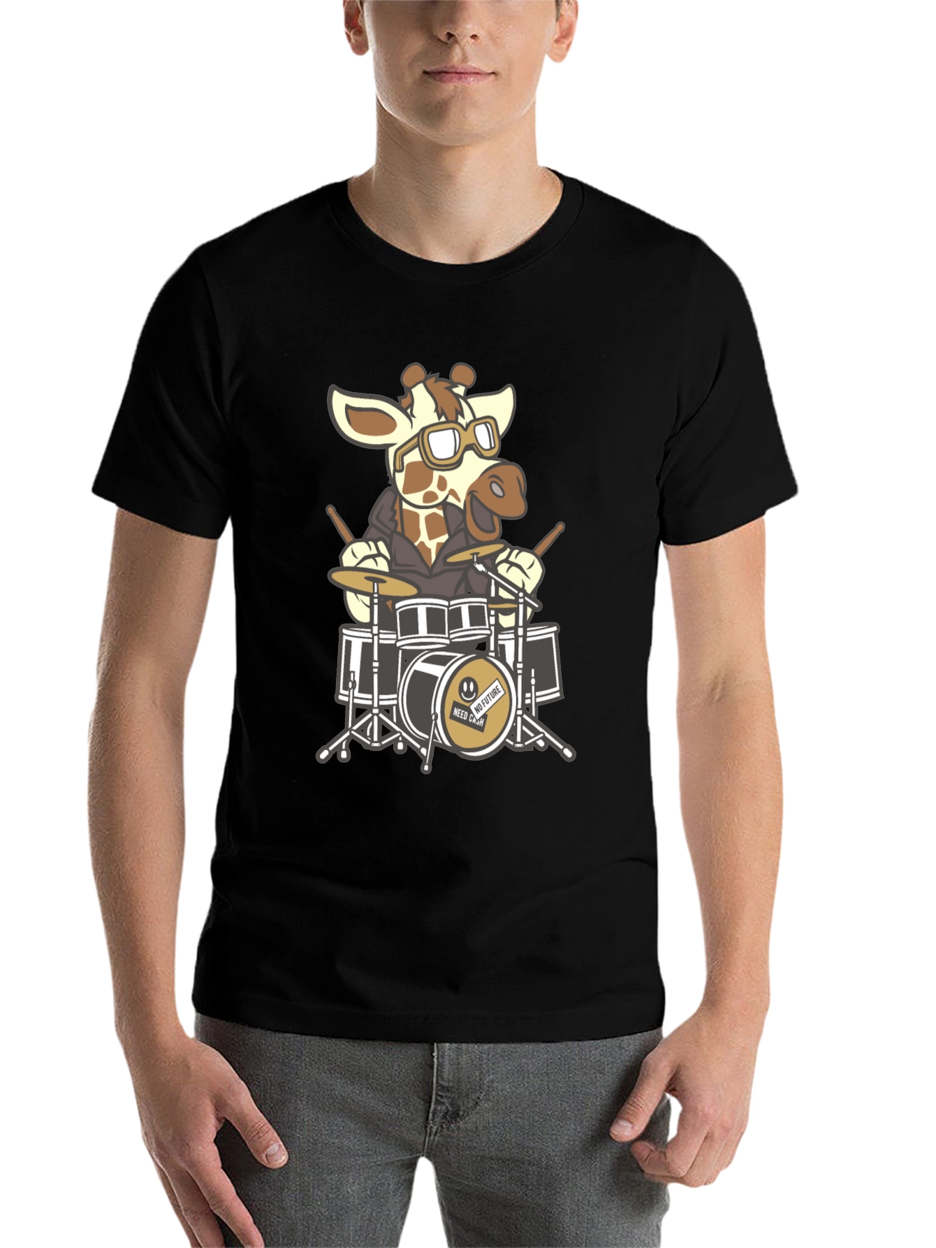 Black Giraffe Drummer Graphic Tee - Black Cotton T-Shirt view 7