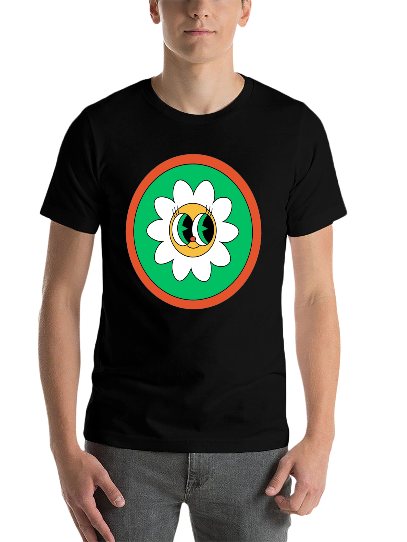 Black Retro Flower Power Graphic Tee - Black Cotton Blend view 7