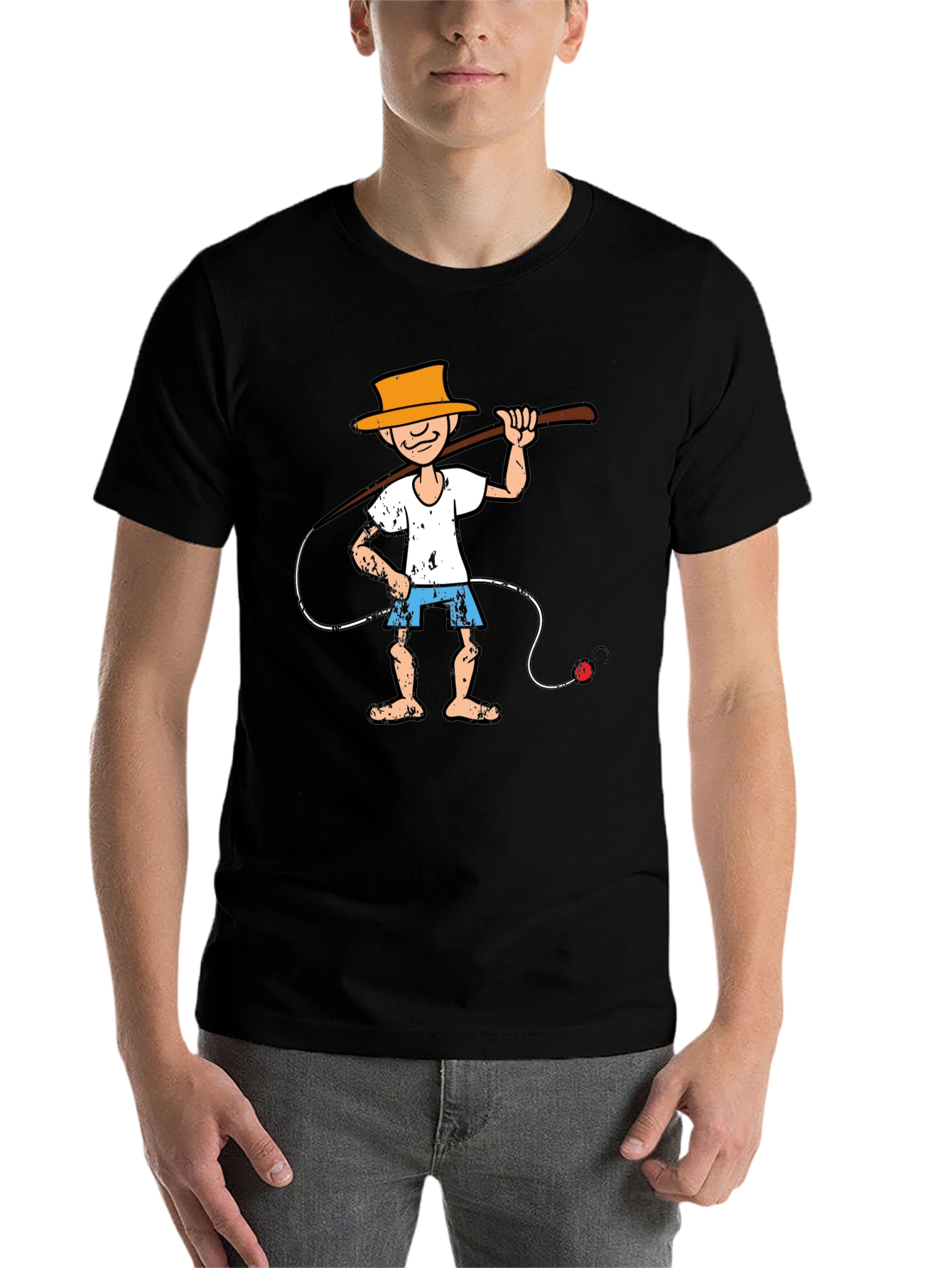 Black Cartoon Fisherman Graphic Tee - Unique Humor T-Shirt view 7