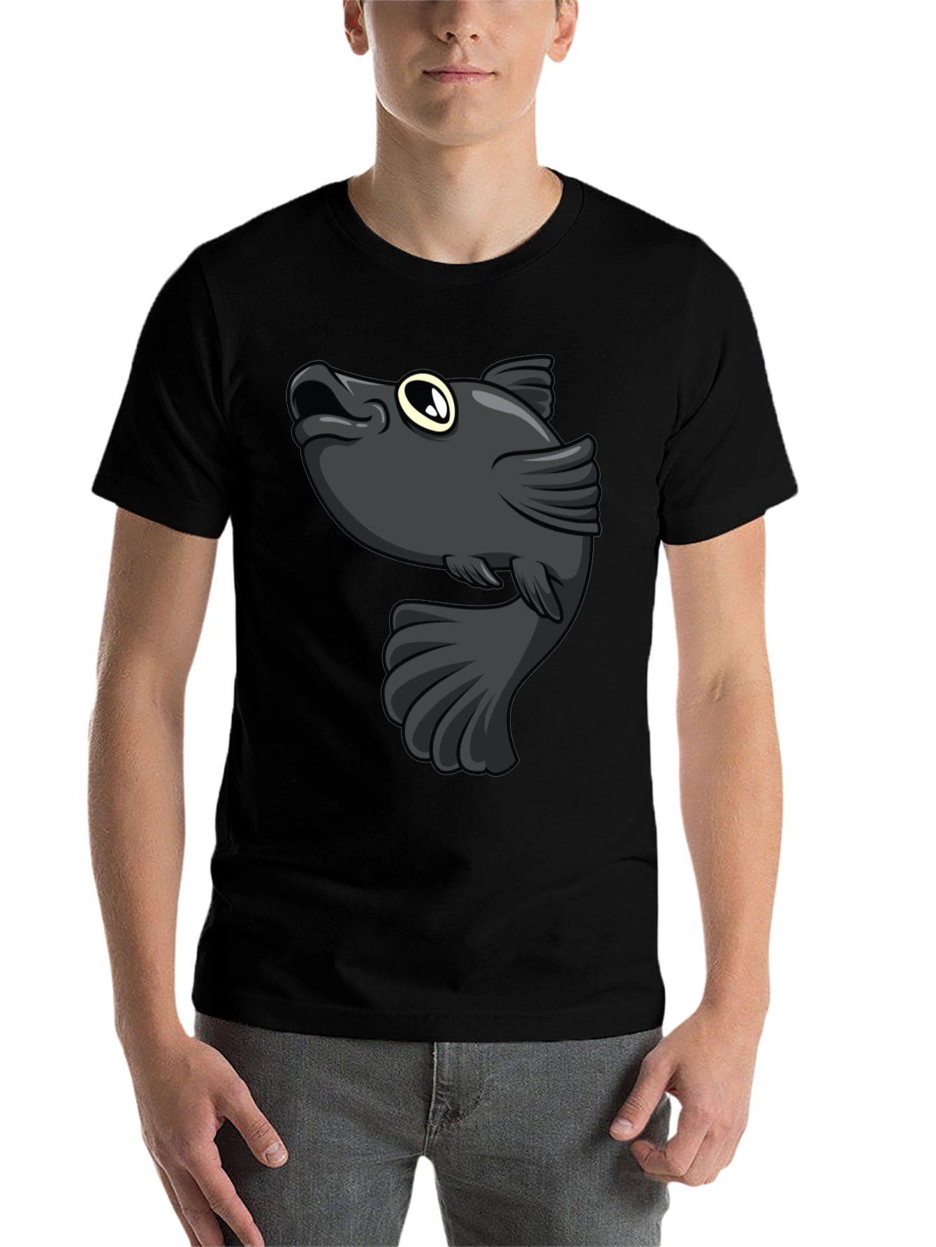 Cartoon Fish Graphic Print Black T-Shirt - 7