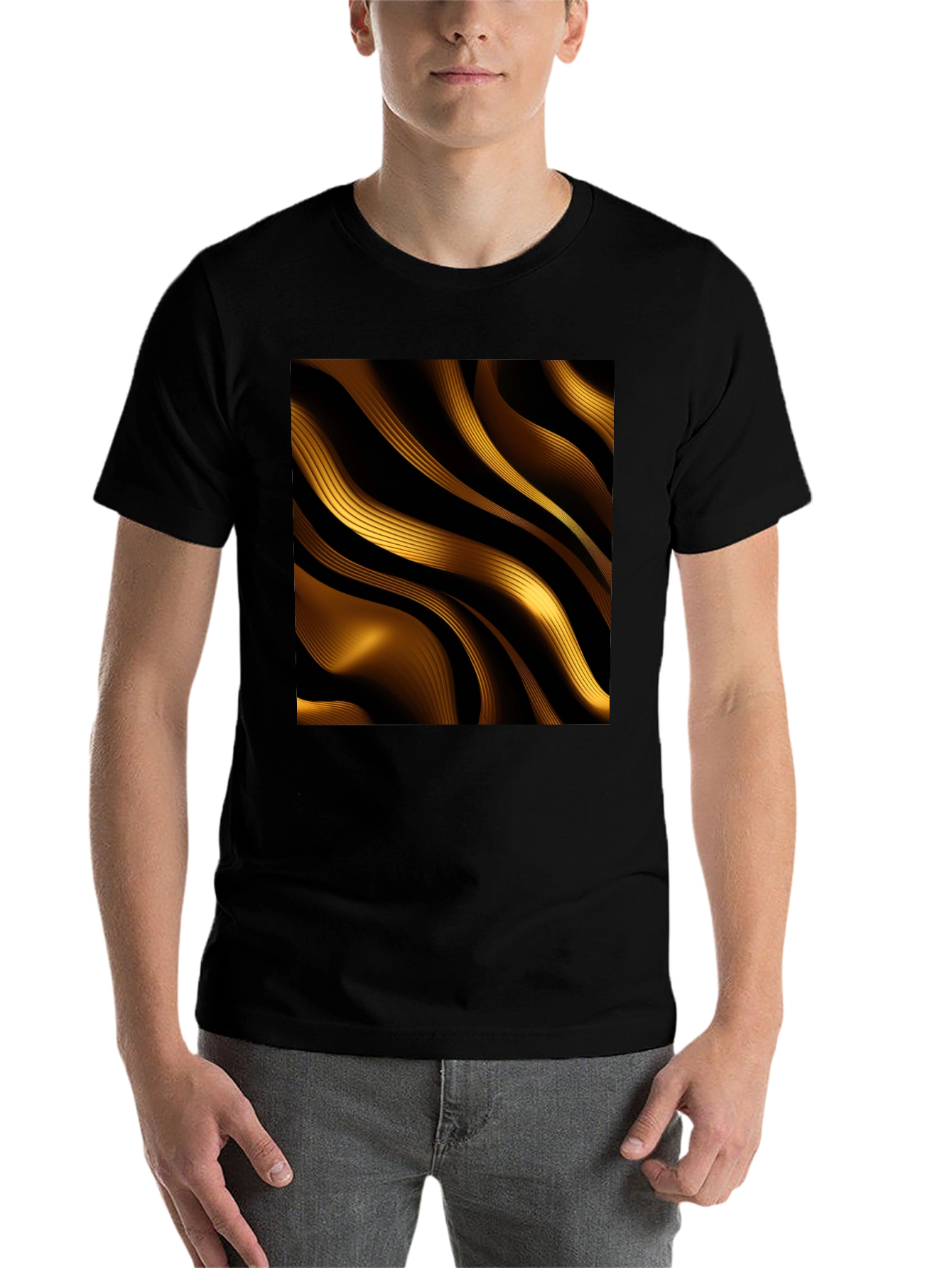 Black Golden Abstract Wave Print Black T-Shirt view 7