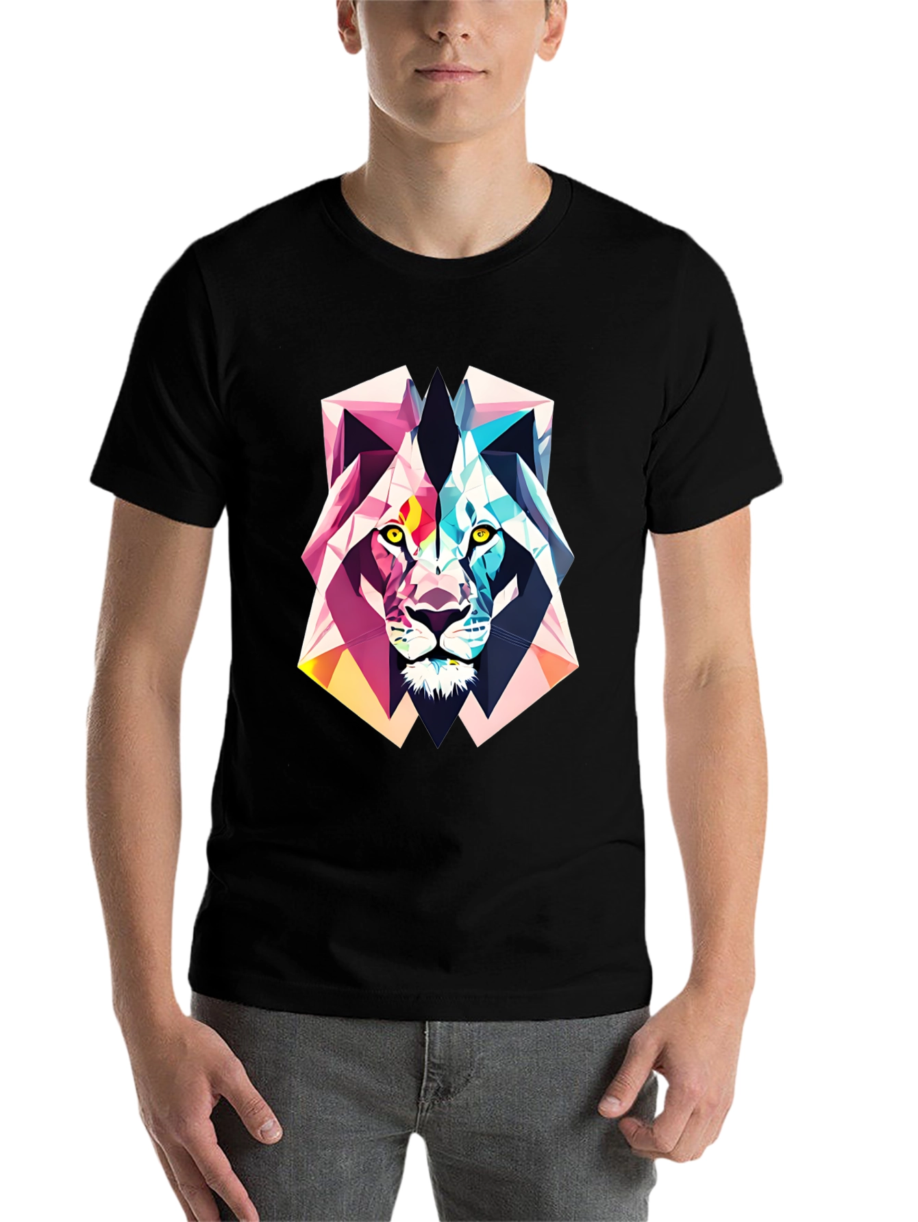 Black Geometric Lion Graphic Tee - Abstract Art Shirt view 7