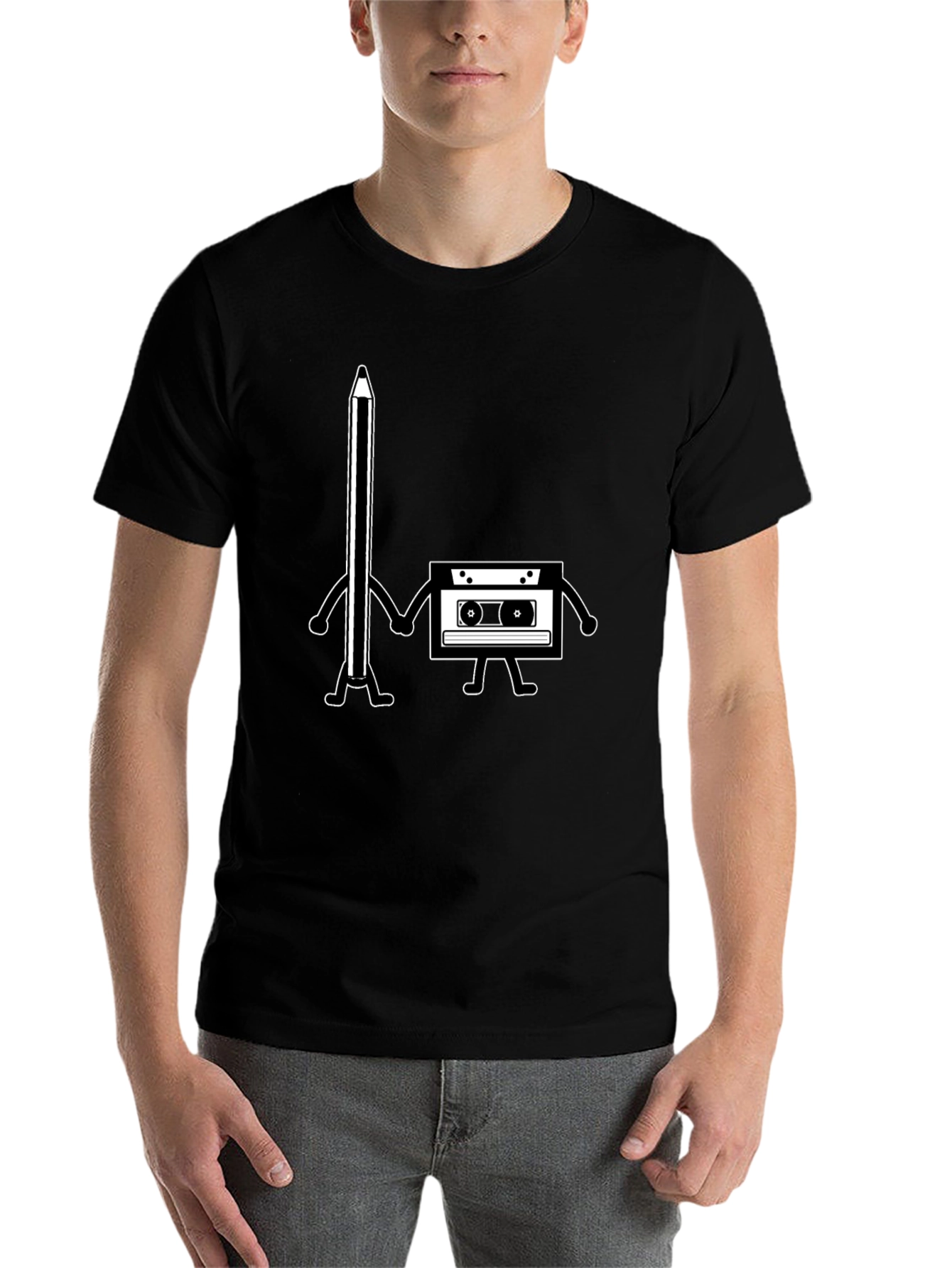 Black Retro Music Lover Tee - Pencil & Cassette Best Friends view 7