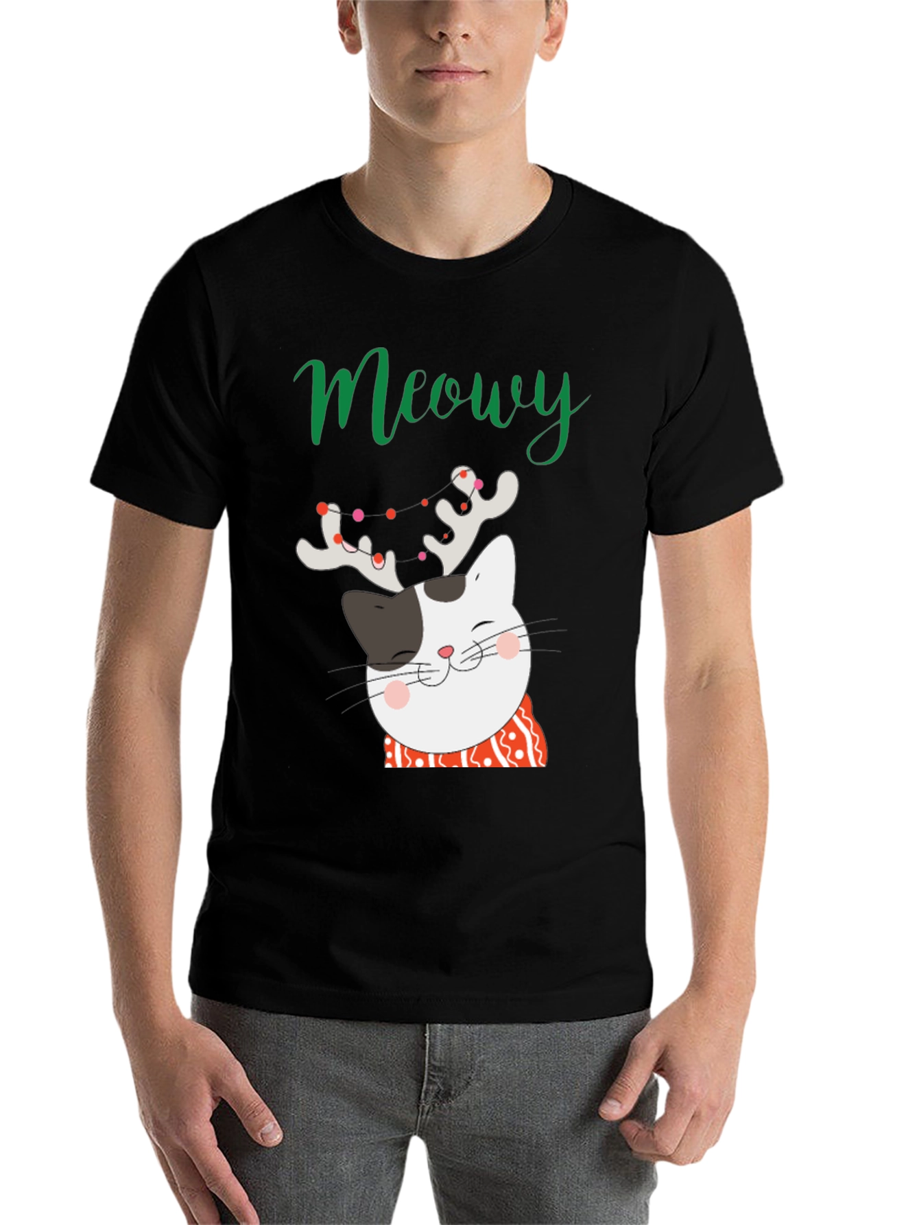 Black Meowy Christmas Cat T-Shirt view 7