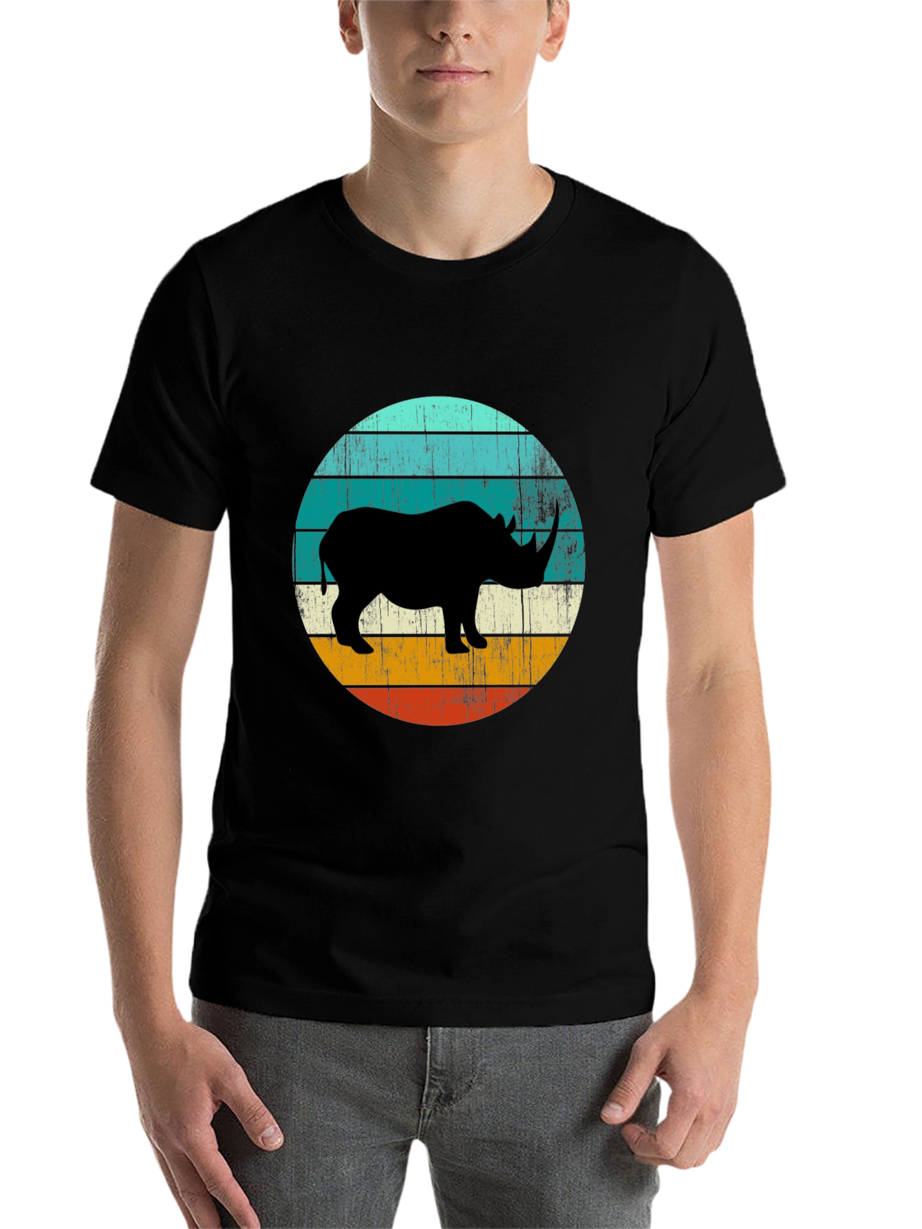 Black Retro Rhino Graphic Tee - Black Cotton T-Shirt view 7