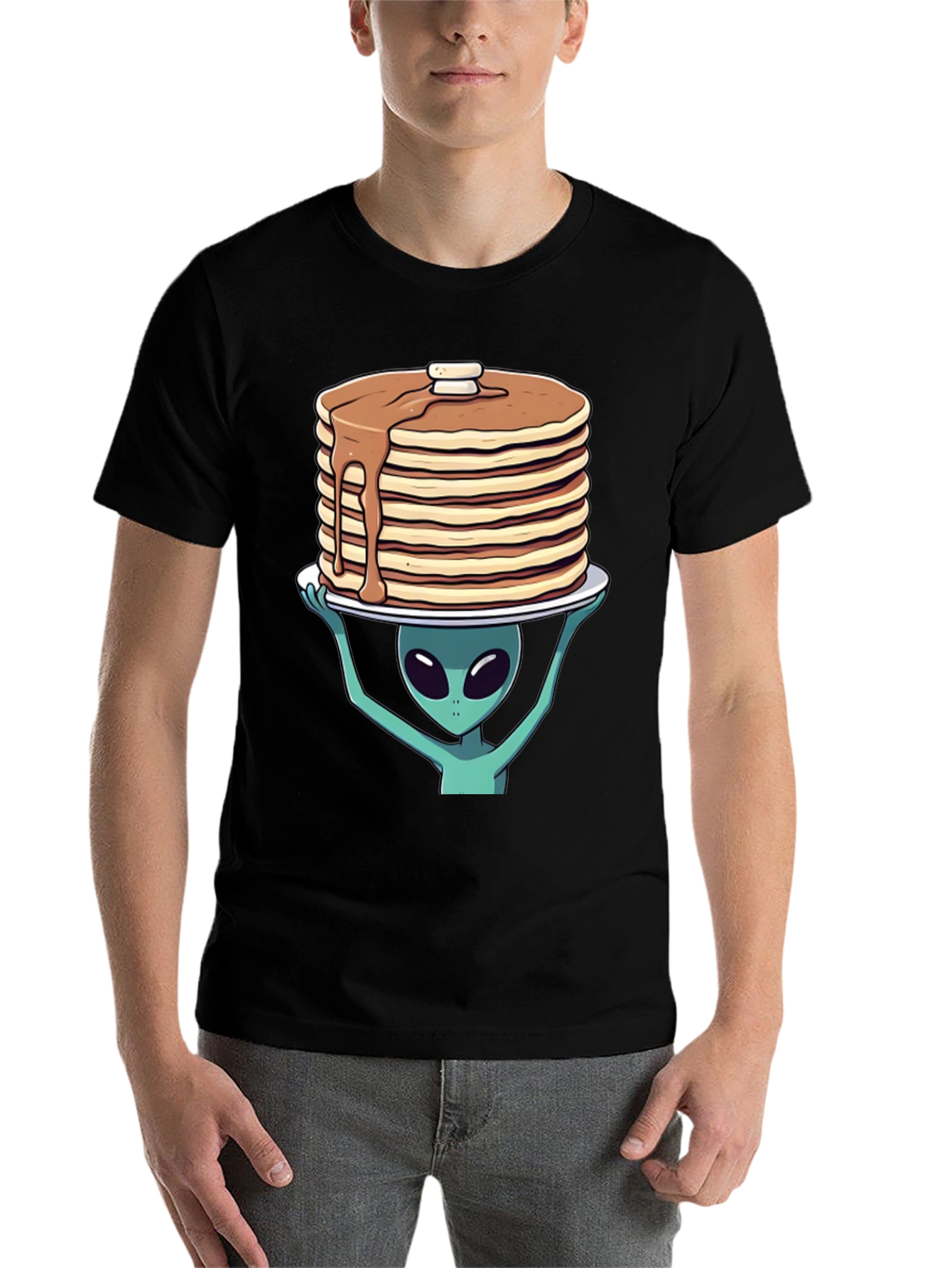 Black Alien Pancakes T-Shirt - Space Foodie Tee view 7