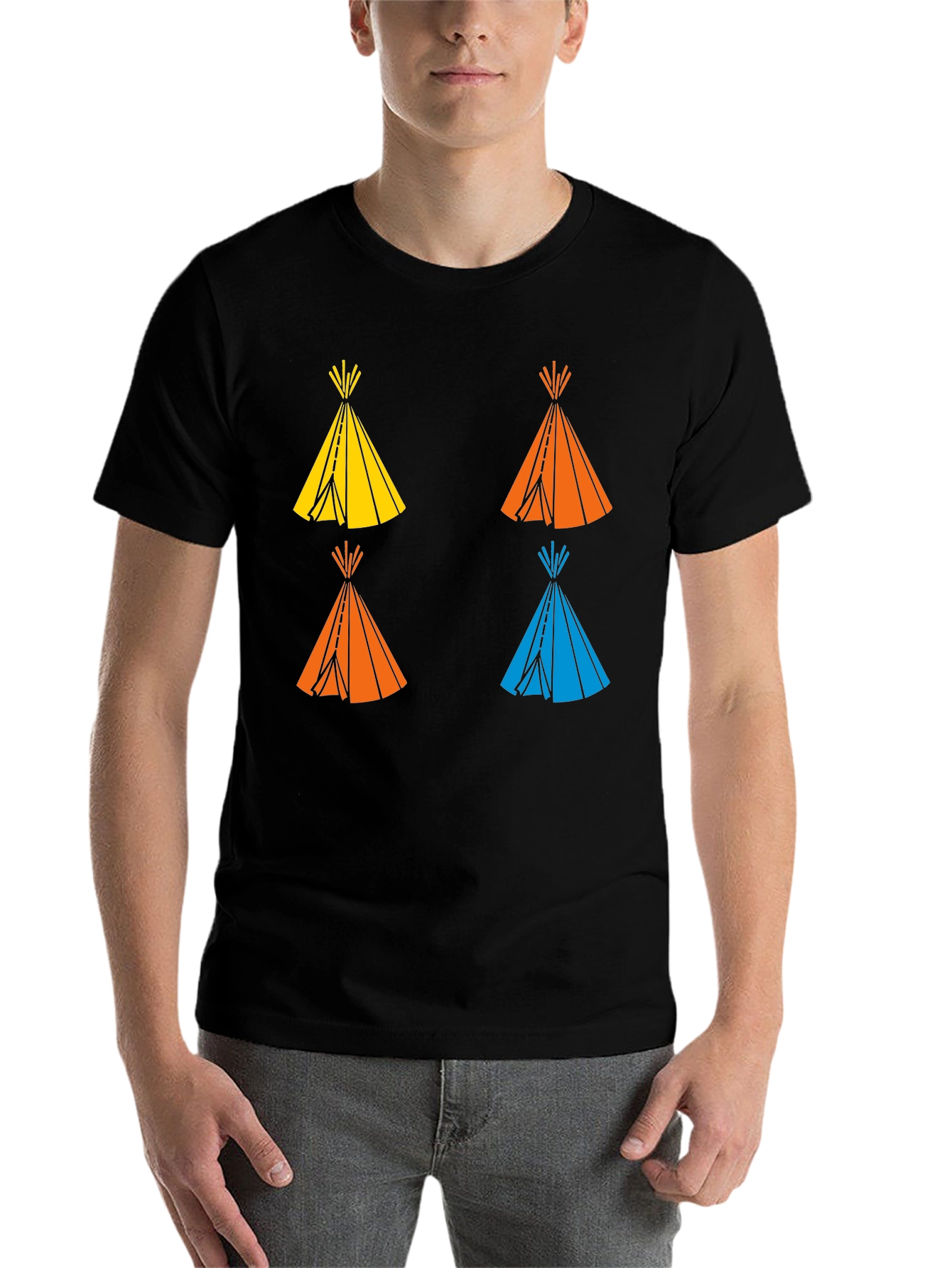 Black Graphic Tee: Colorful Teepee Design - Modern Fit view 7