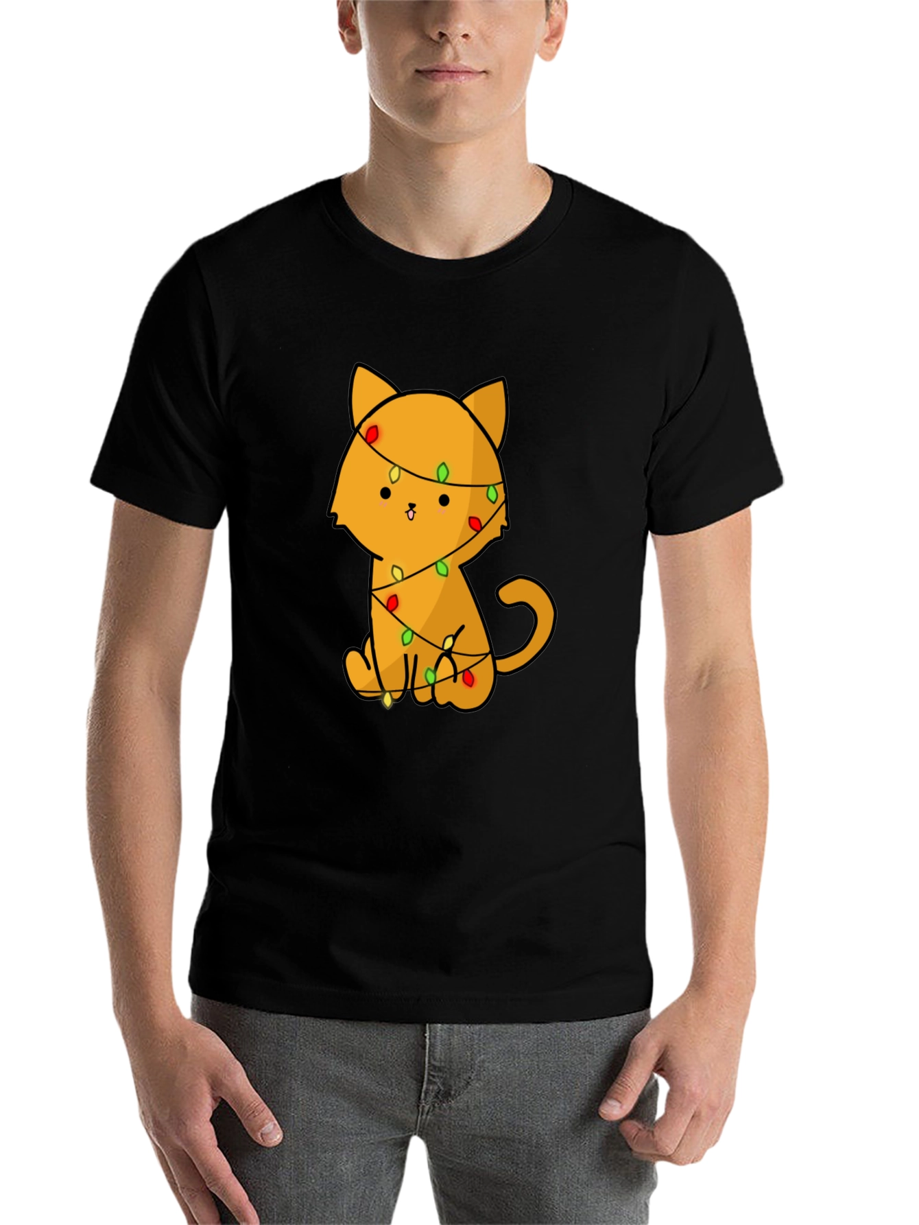 Black Cute Cat with Christmas Lights T-Shirt view 7