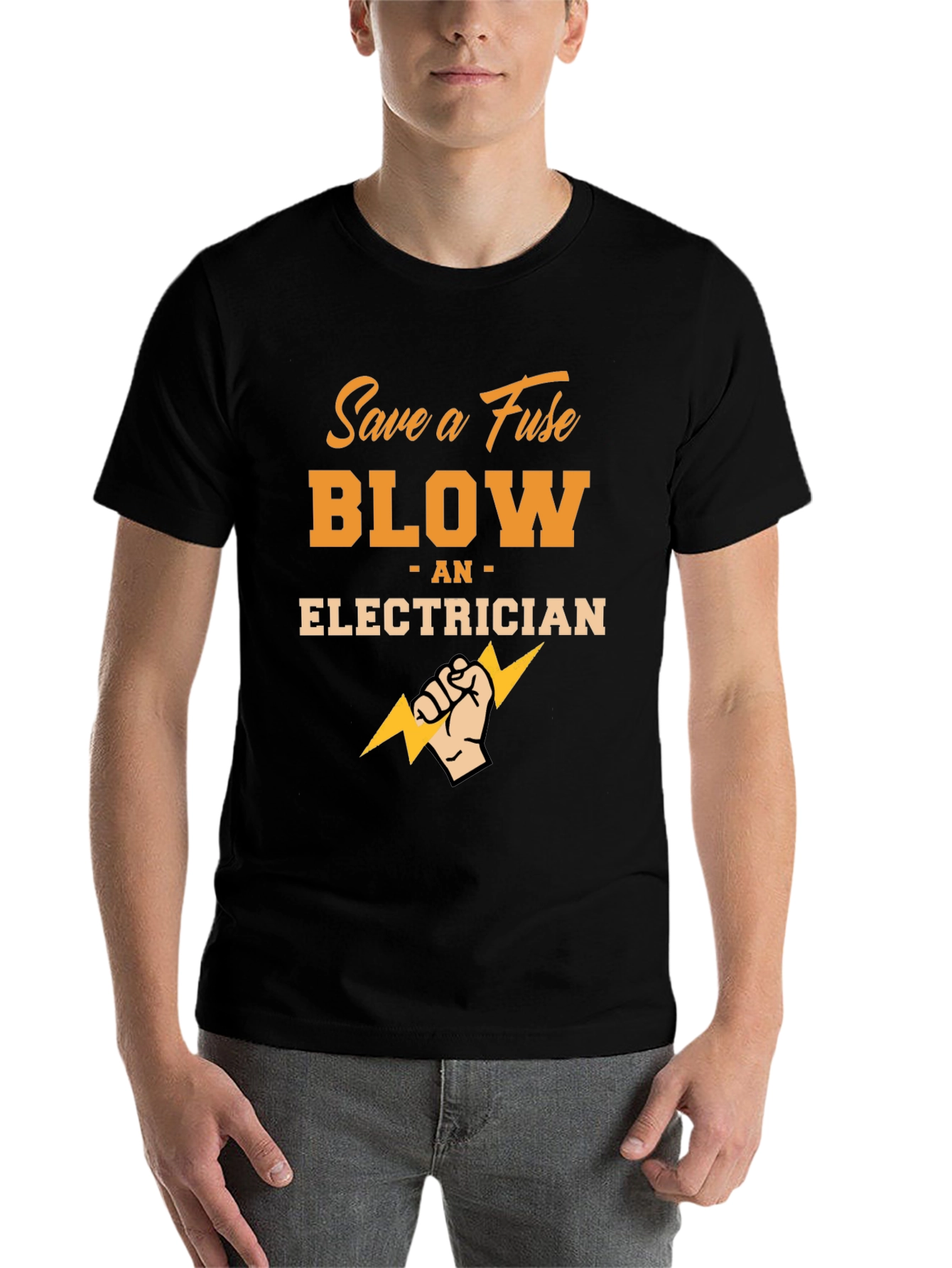 Black Save a Fuse Blow an Electrician Black T-Shirt view 7