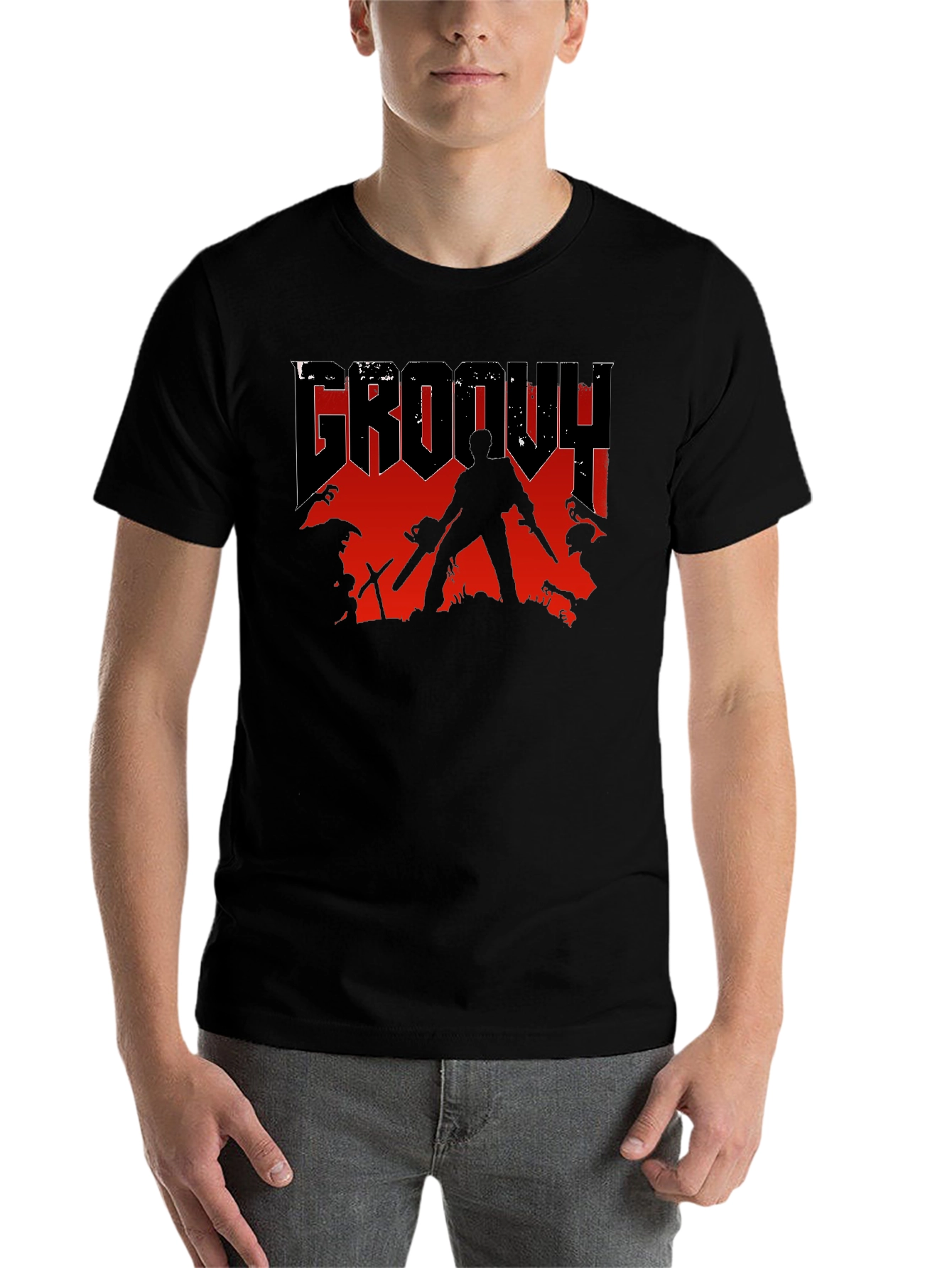Black Groovy Horror T-Shirt - Chainsaw & Boomstick Design view 7