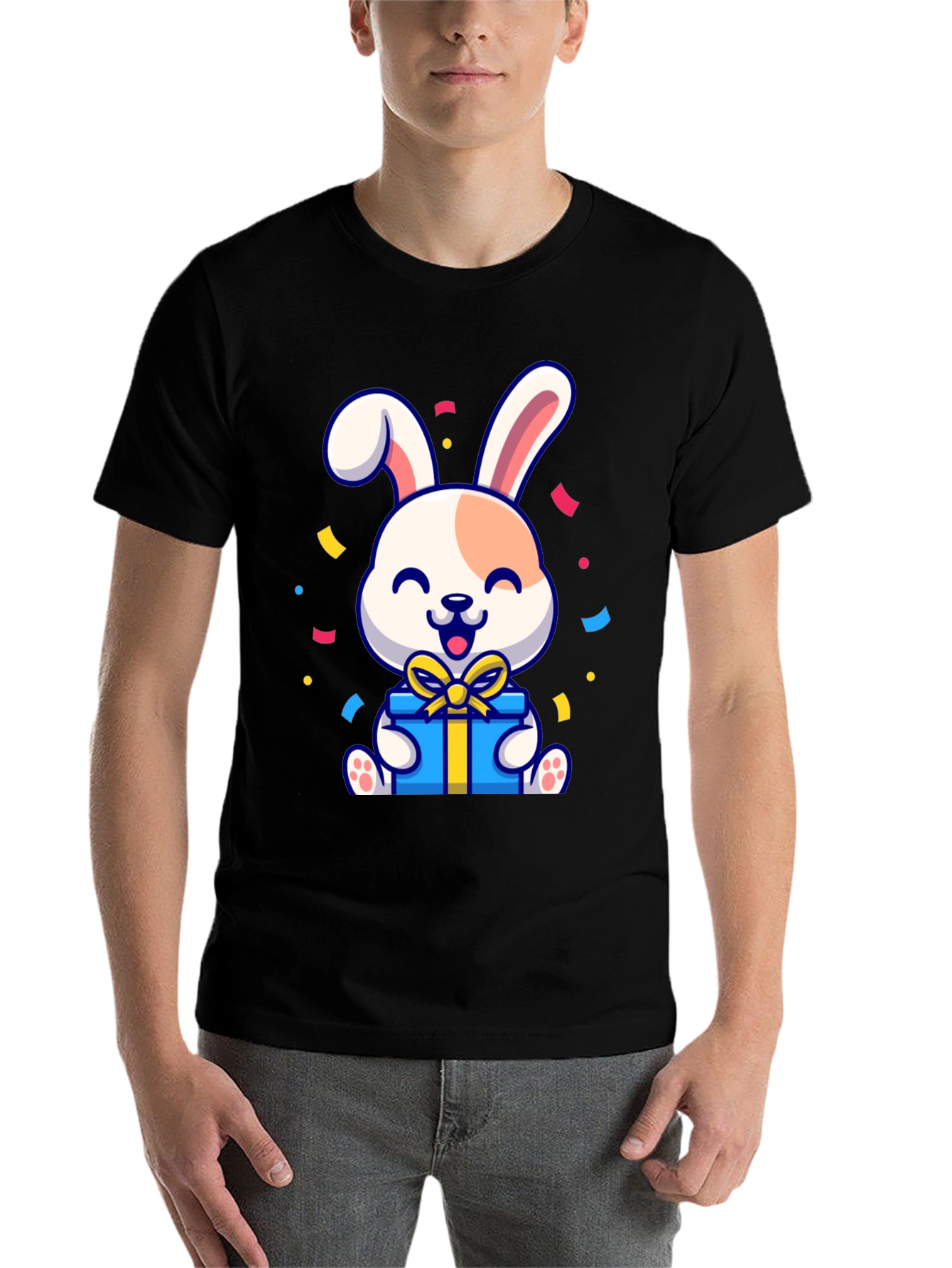 Black Cute Bunny Holding Gift T-Shirt view 7