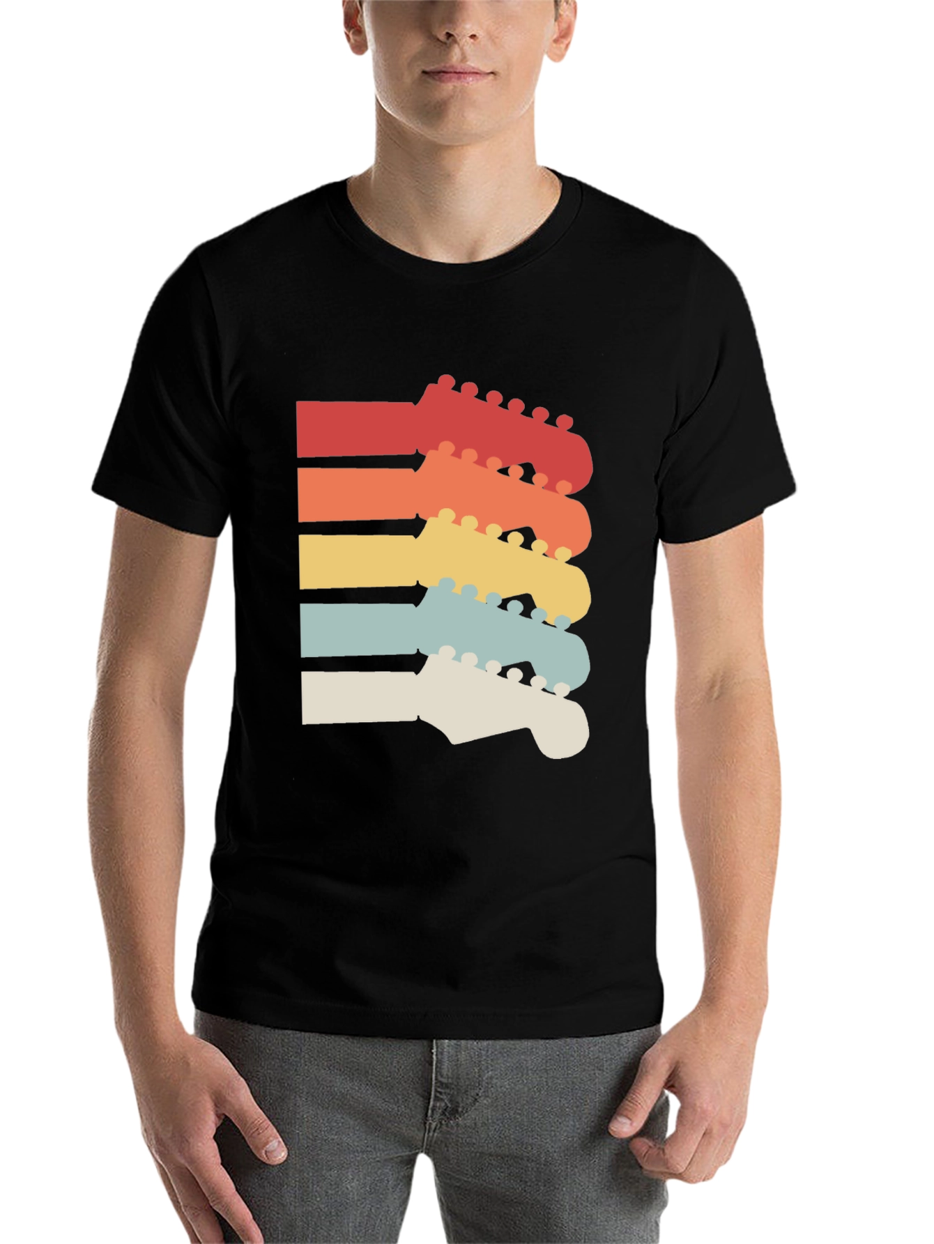 Black Retro Guitar Headstock T-Shirt view 7