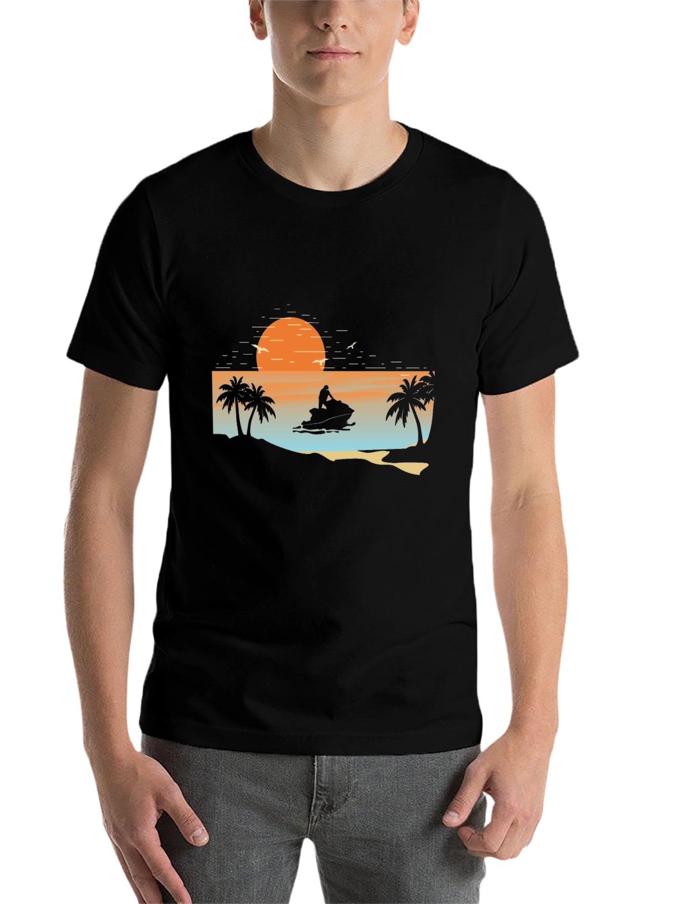 Black Sunset Jet Ski Palm Tree Graphic Black T-Shirt view 7