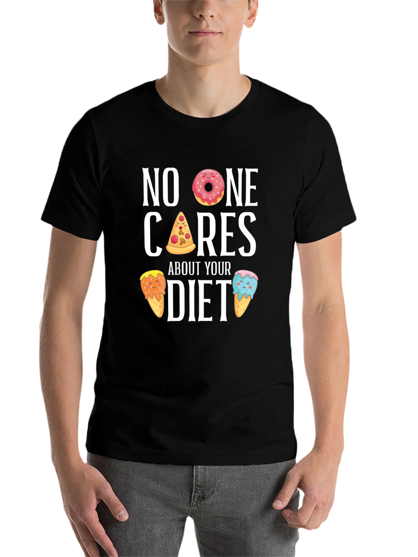 Black Funny Diet T-Shirt - No One Cares, Doughnut, Pizza, Ice Cream view 7