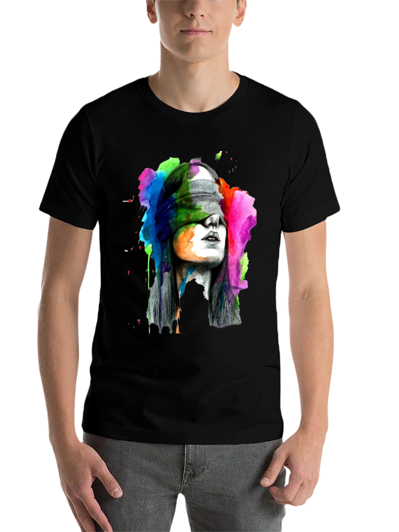 Black Blindfolded Woman Graphic Tee - Artistic Black T-Shirt view 7