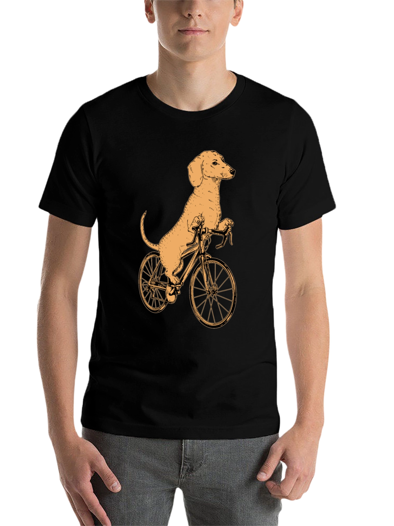 Black Dachshund on Bike T-Shirt - Black Cotton Tee view 7