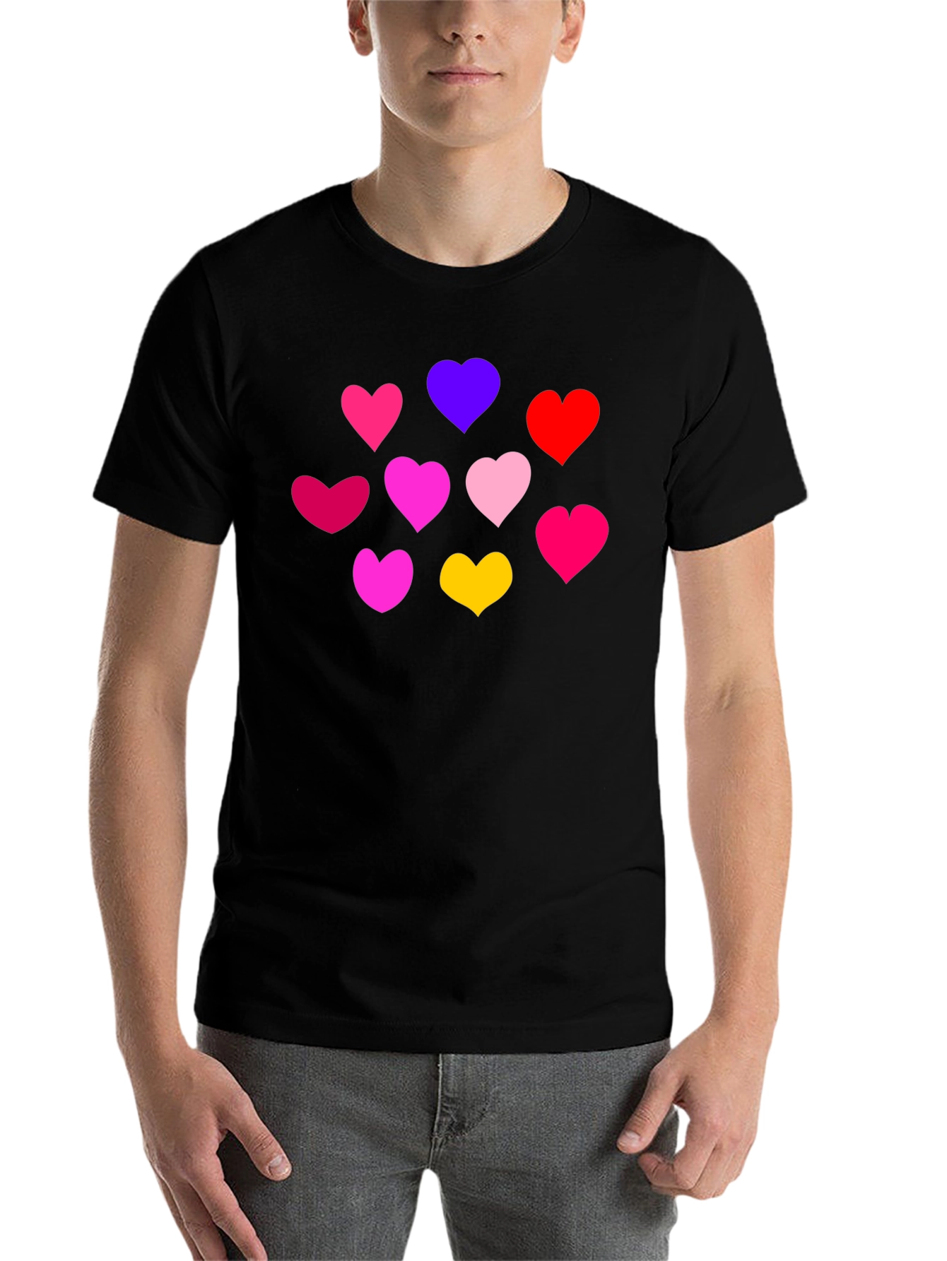 Black Heartful Tee: Colorful Hearts on Black Shirt view 7