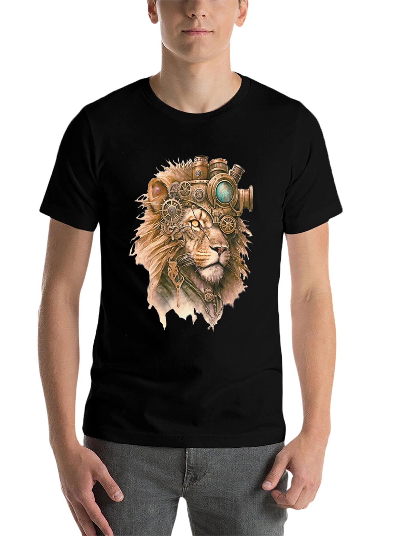 Black Steampunk Lion Graphic Print Black T-Shirt view 7