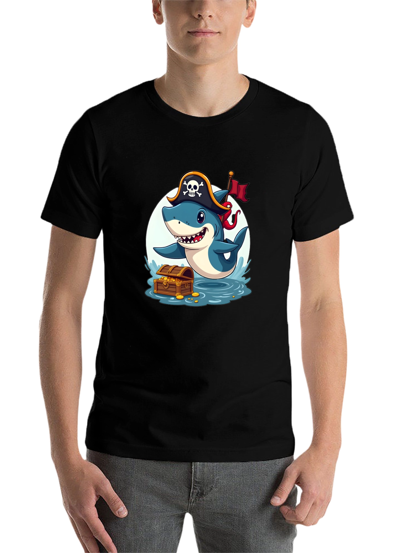 Black Pirate Shark T-Shirt - Cartoon Graphic Tee view 7