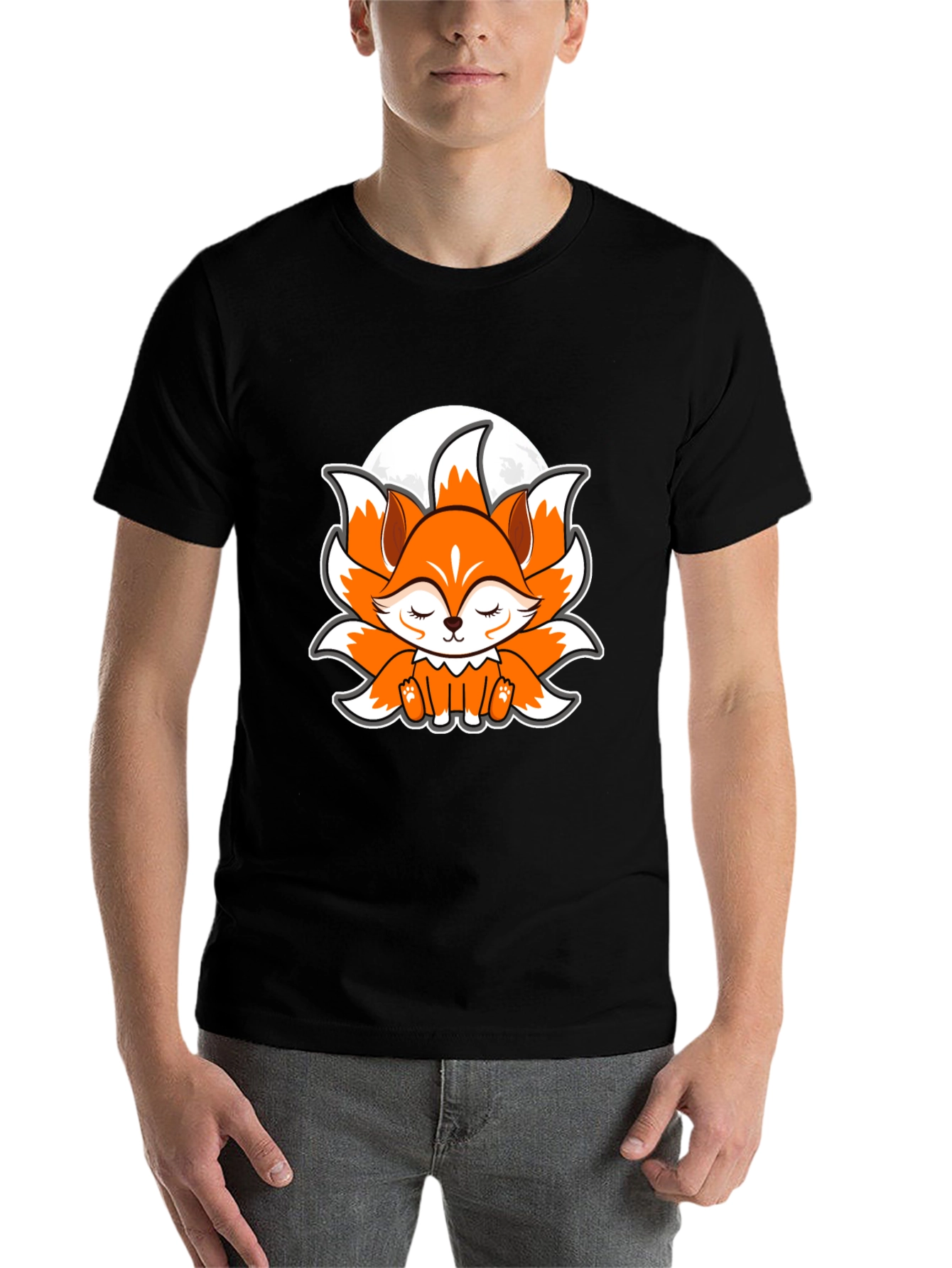 Black Cute Anime Fox Graphic Tee - Black Cotton T-Shirt view 7