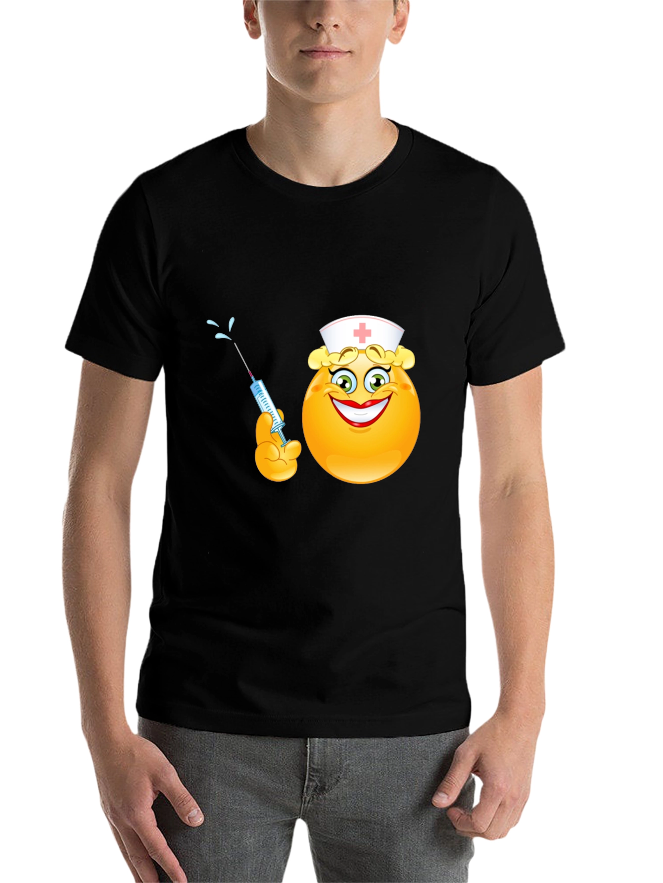 Black Funny Nurse Emoji T-Shirt - Black Cotton Tee view 7