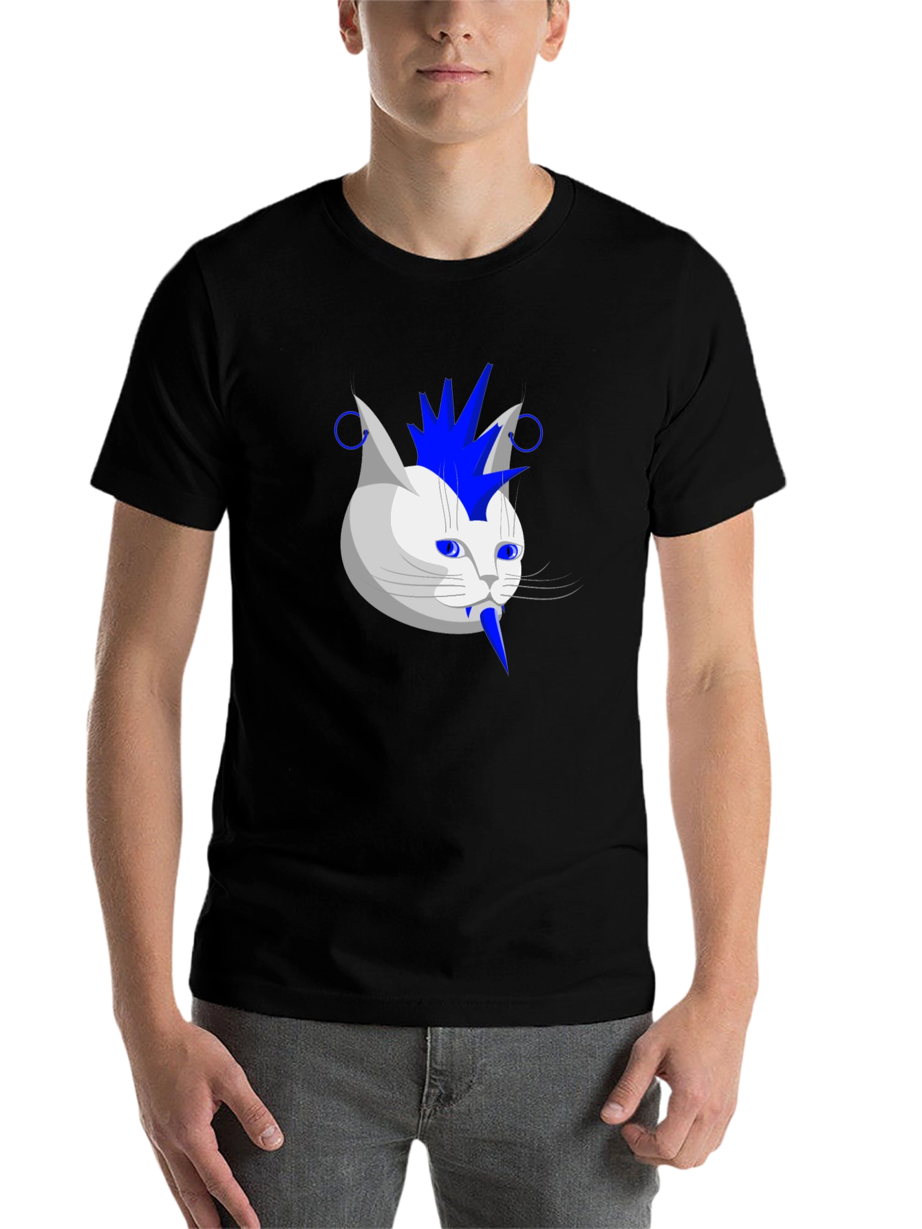 Black Punk Rock Cat Graphic Tee - Black Cotton T-Shirt view 7