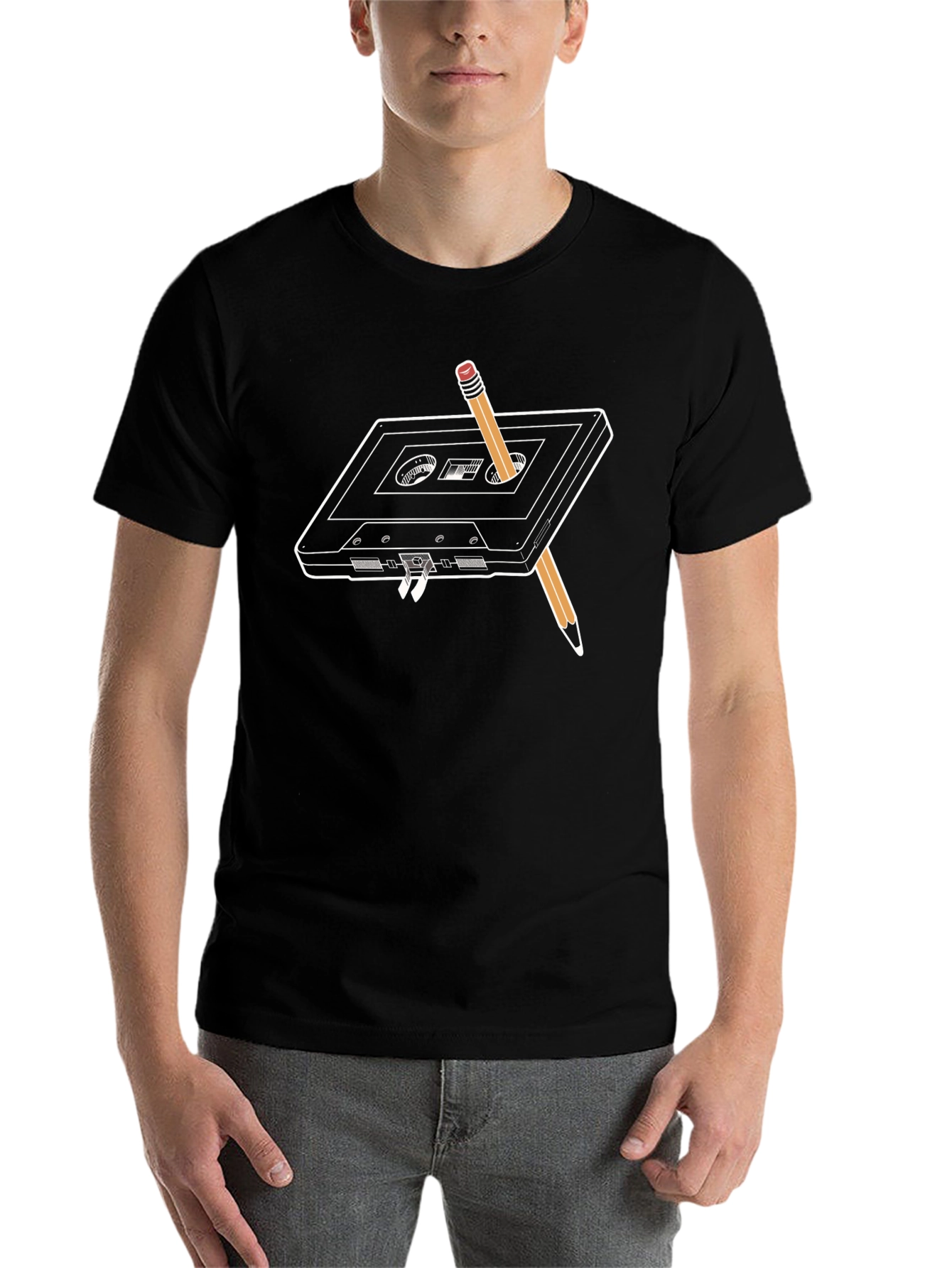 Retro Cassette Tape & Pencil T-Shirt - Black - 7