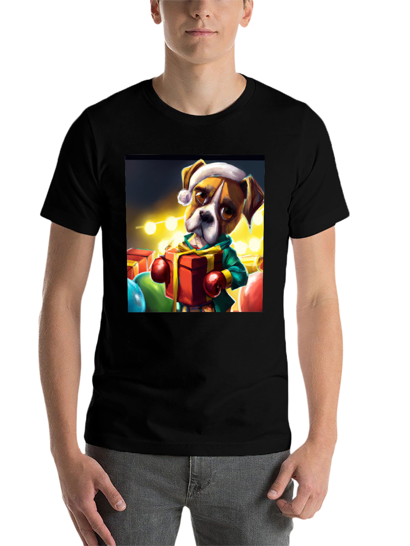Black Festive Boxer Dog Christmas T-Shirt view 7