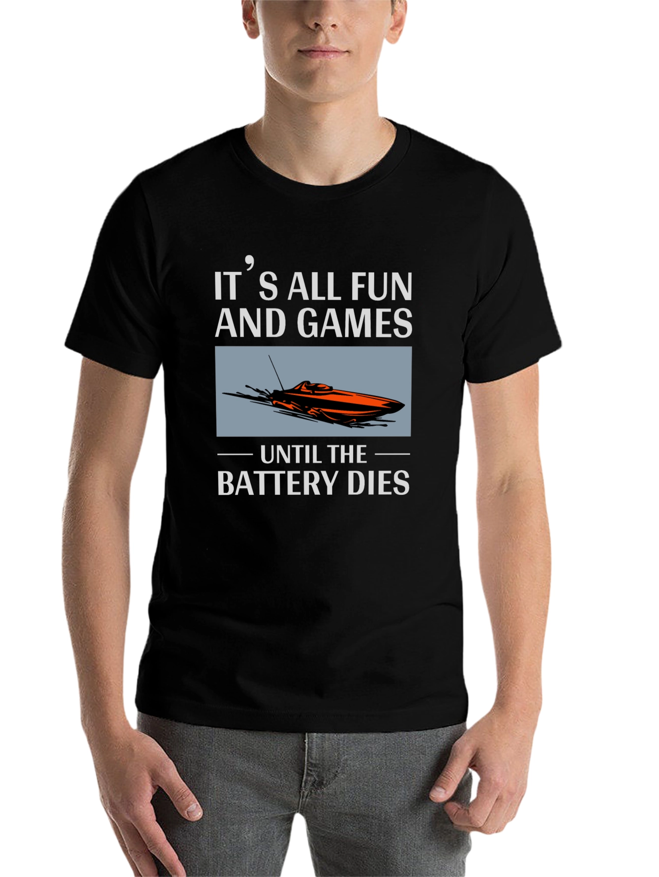 Black It's All Fun and Games Until The Battery Dies T-Shirt view 7