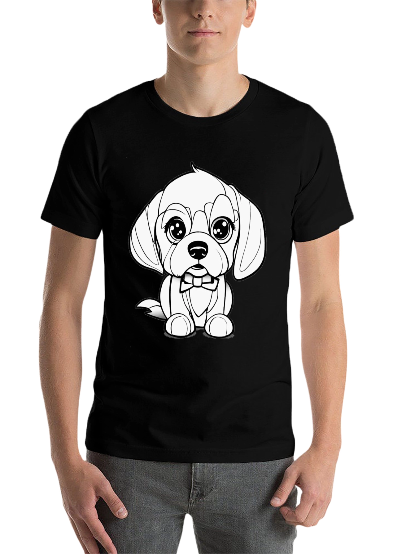 Black Cute Puppy Bowtie Black T-Shirt view 7