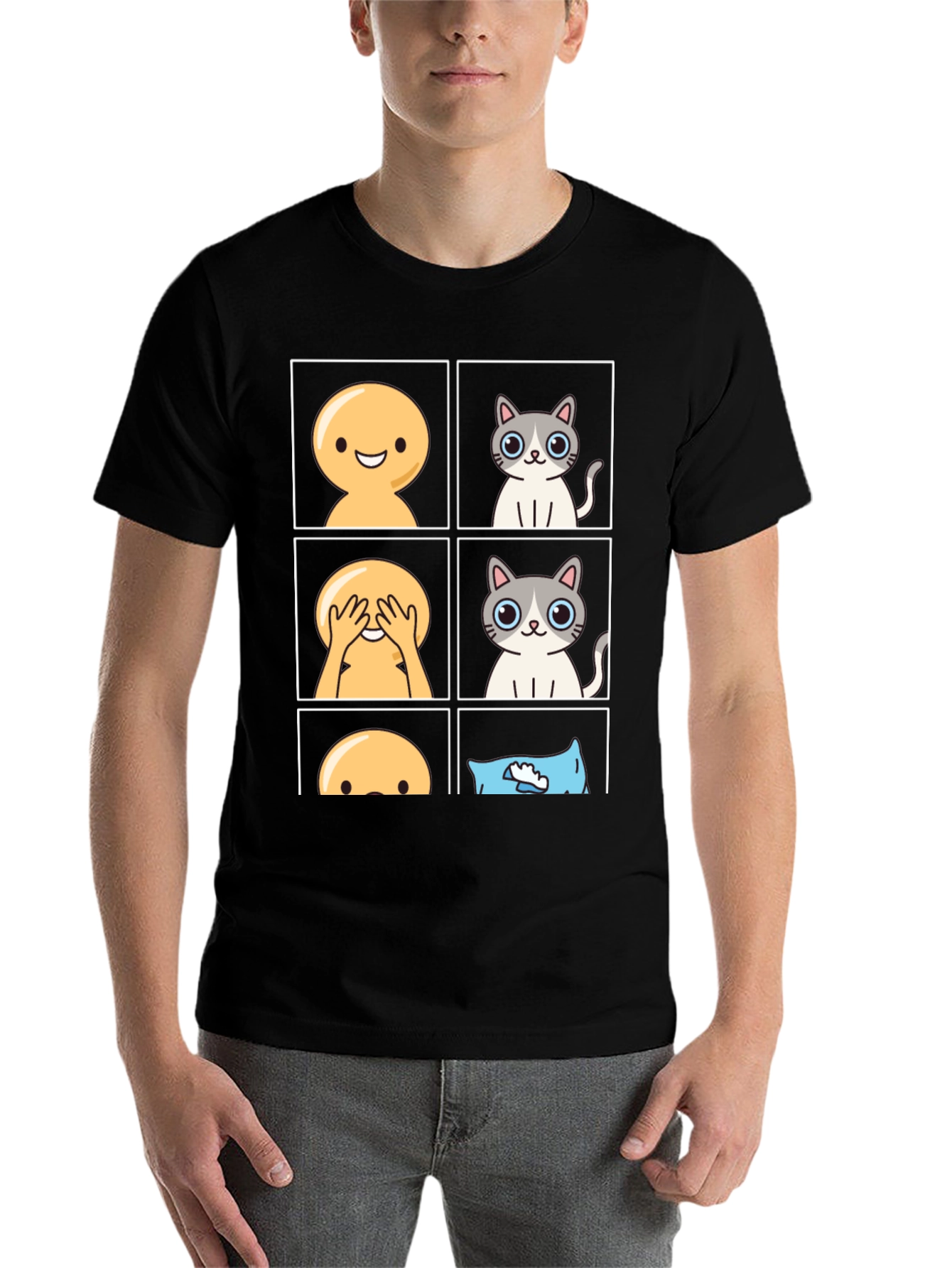 Black Peek-a-Boo Emoji Cat T-Shirt view 7