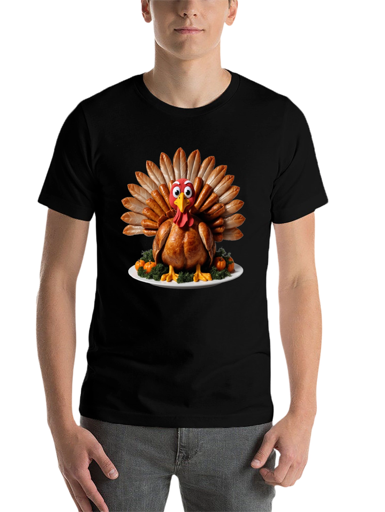 Black Thanksgiving Turkey T-Shirt - Sausage Feather Cartoon Bird view 7
