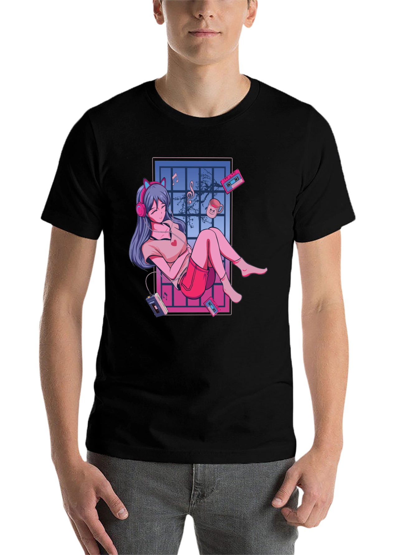Black Anime Girl Music Lover T-Shirt - Black view 7
