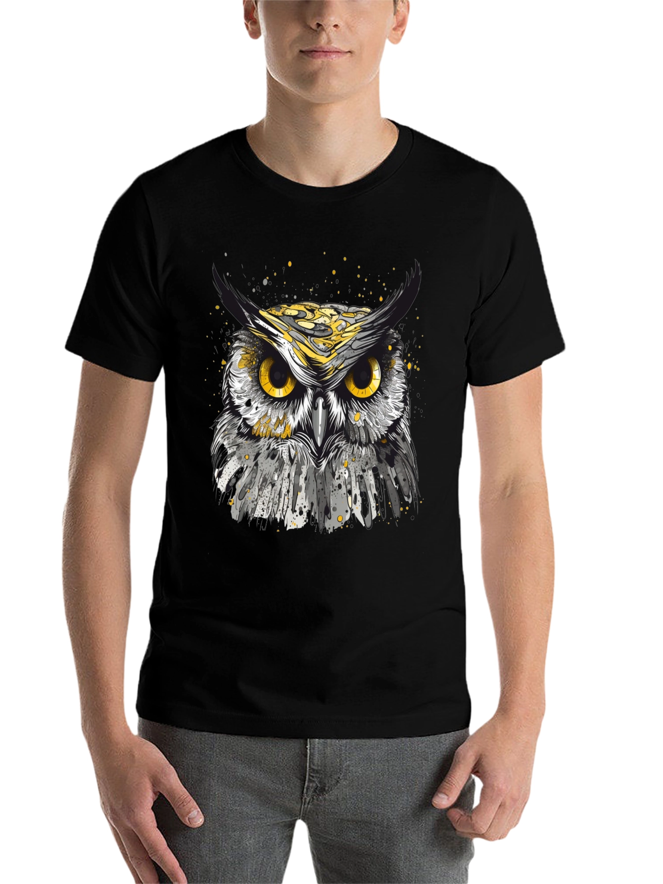 Black Owl Graphic T-Shirt - Black Cotton Tee for Men view 7