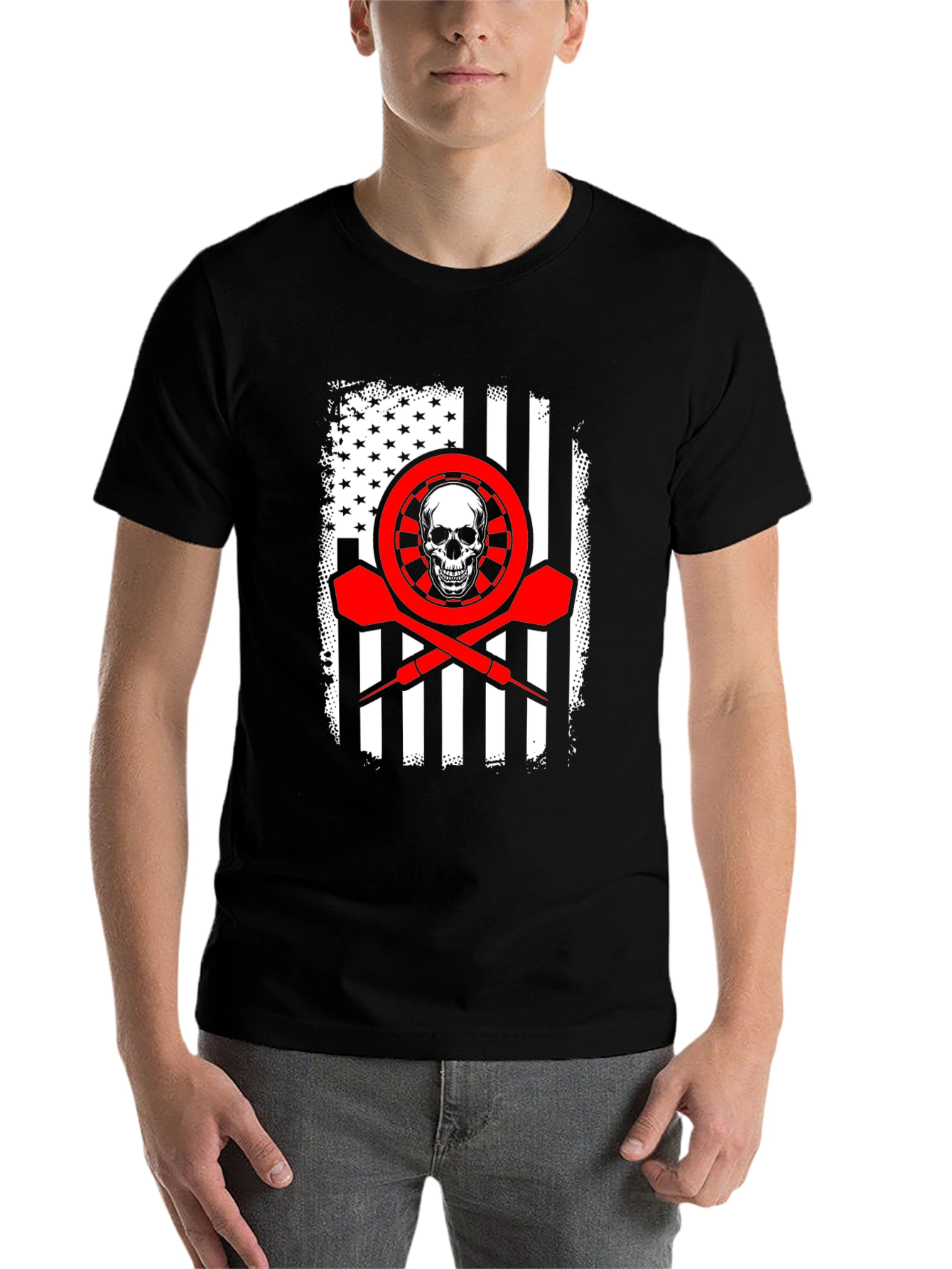 Black Darts Skull Flag T-Shirt - Patriotic Dart Player Tee view 7
