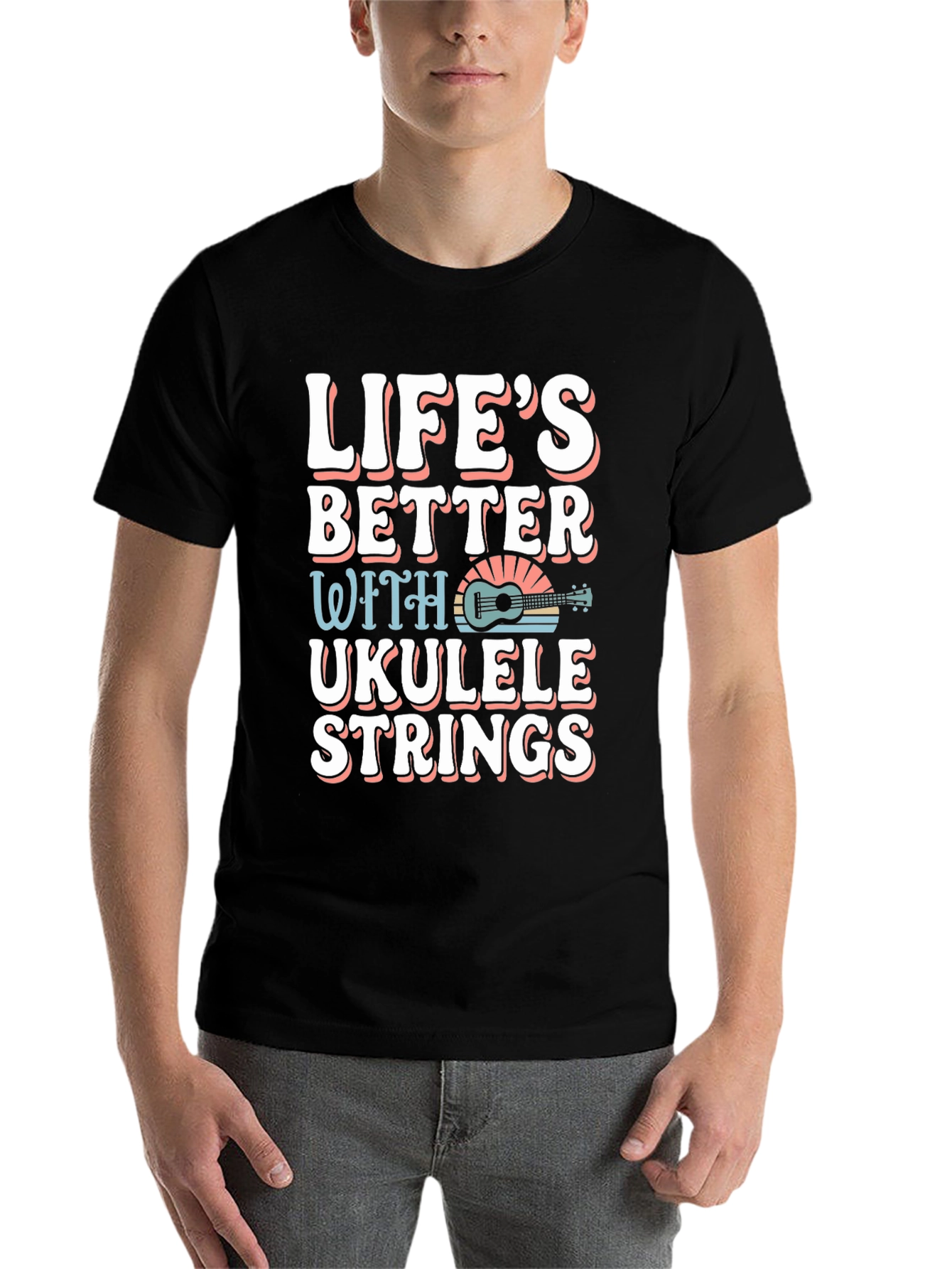 Black Life's Better Ukulele Strings Graphic Tee view 7