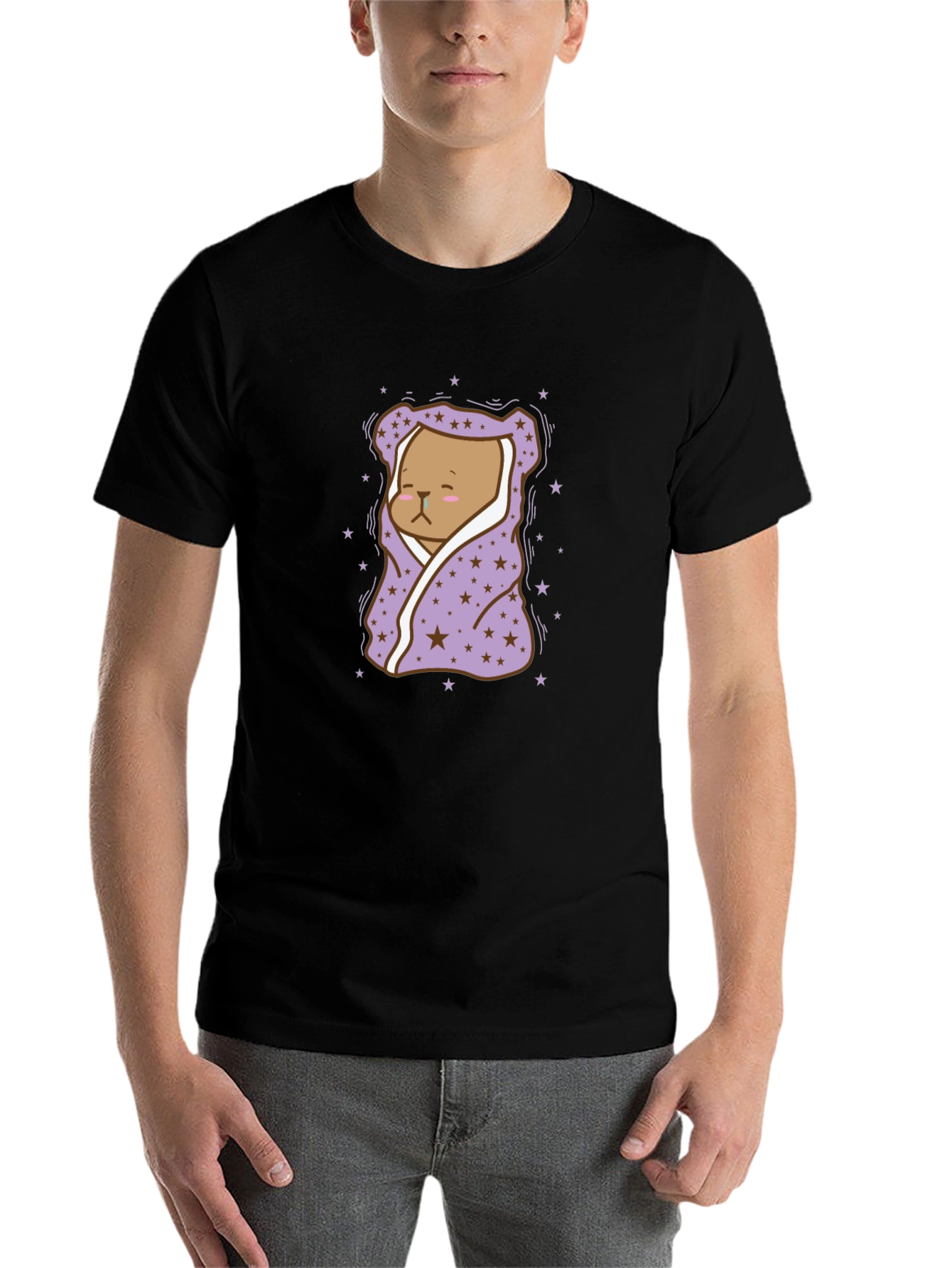 Black Cute Bear in Blanket T-Shirt view 7